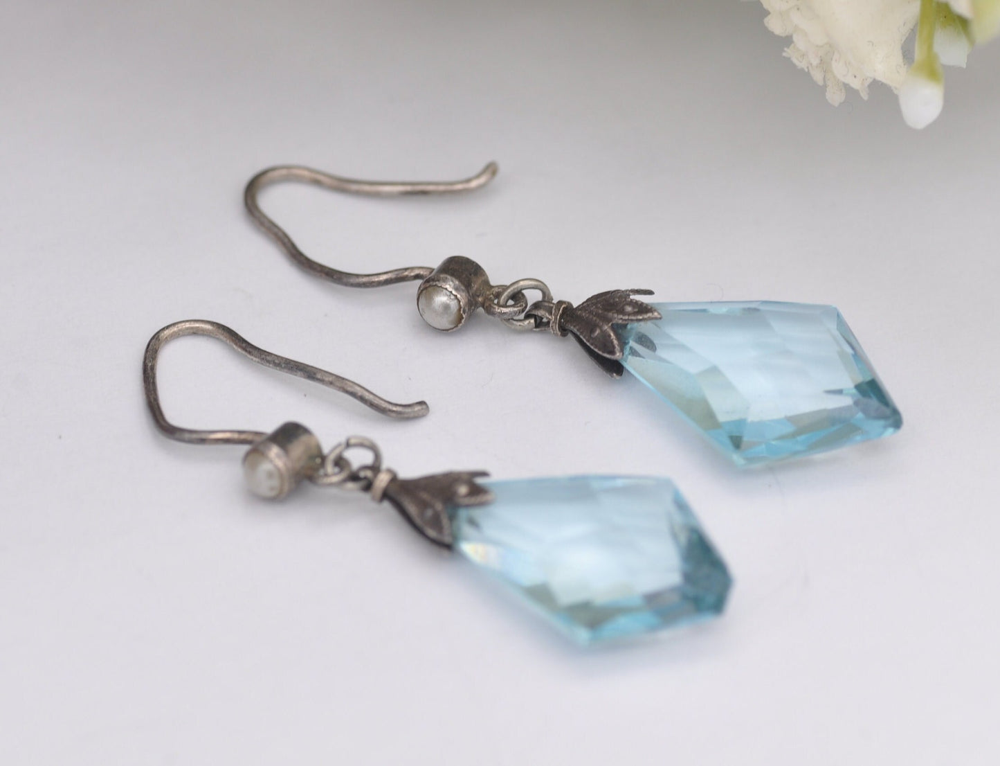 Antique Art Deco Sterling Silver Blue Glass Seed Pearl Drop Earrings