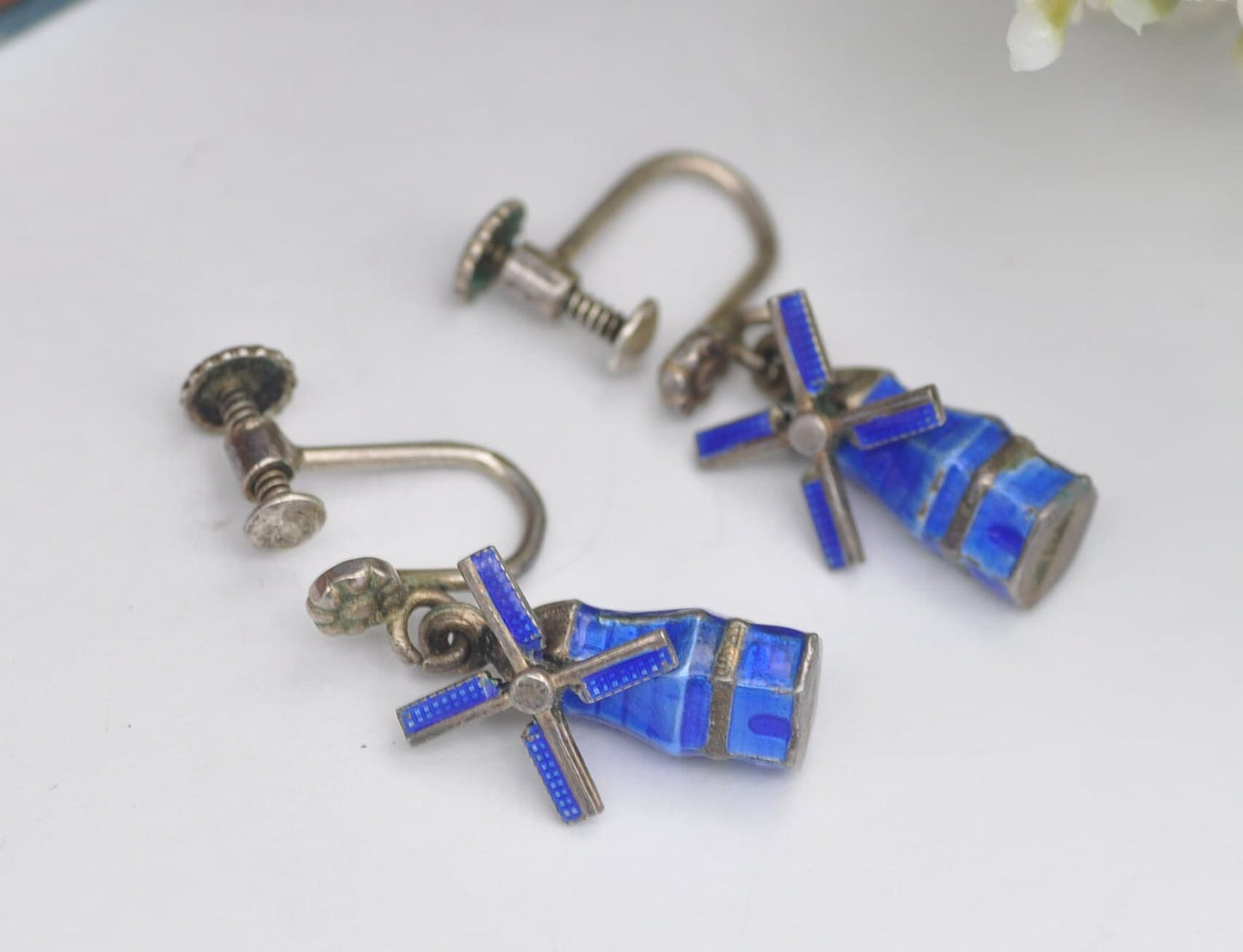Vintage Dutch Silver Enamel Windmill Screw Back Earrings with Rotating Blades