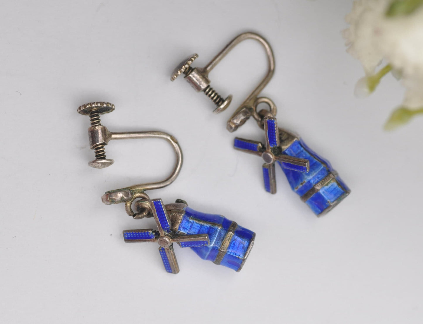 Vintage Dutch Silver Enamel Windmill Screw Back Earrings with Rotating Blades