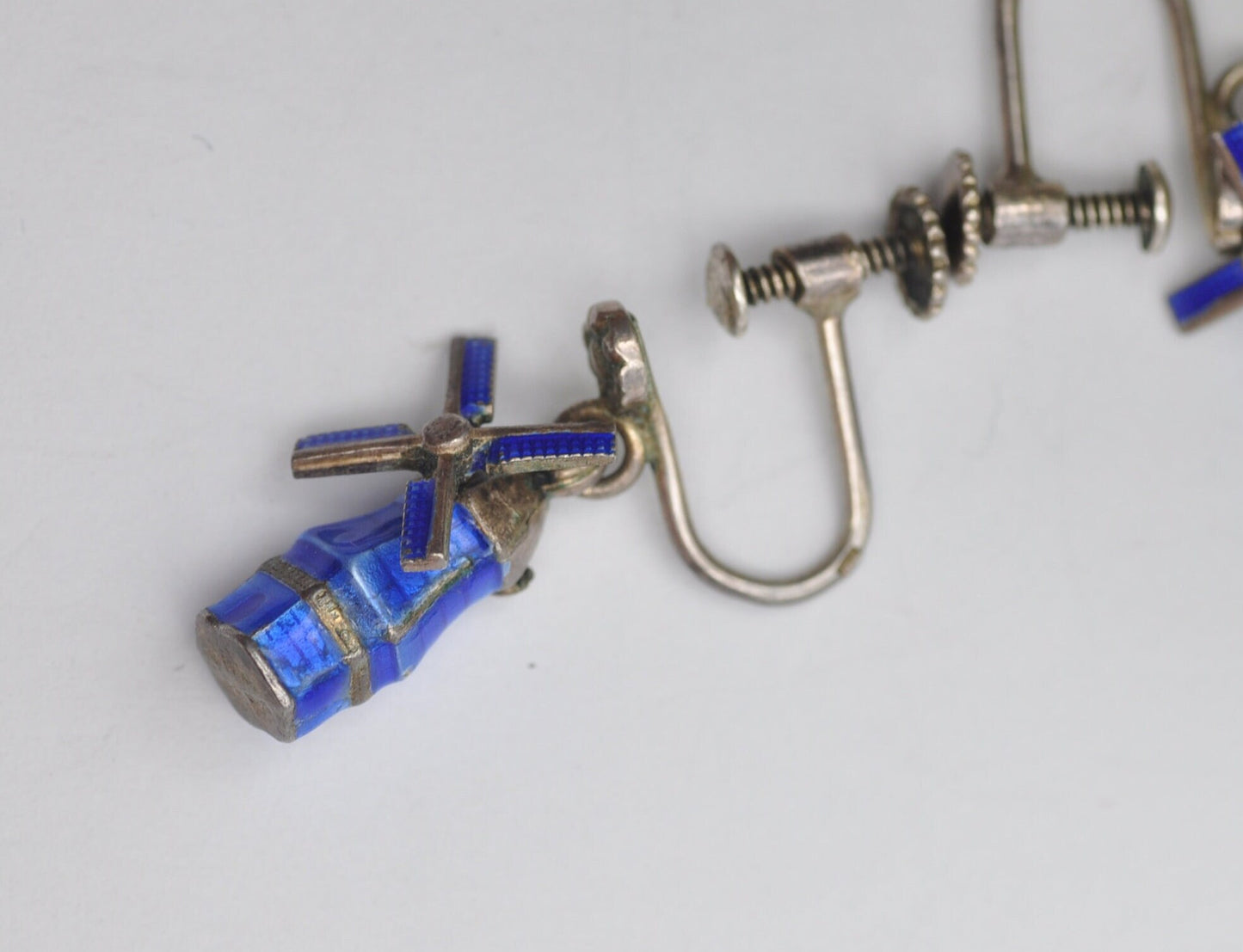 Vintage Dutch Silver Enamel Windmill Screw Back Earrings with Rotating Blades