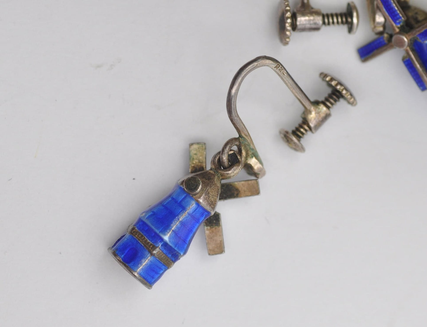 Vintage Dutch Silver Enamel Windmill Screw Back Earrings with Rotating Blades