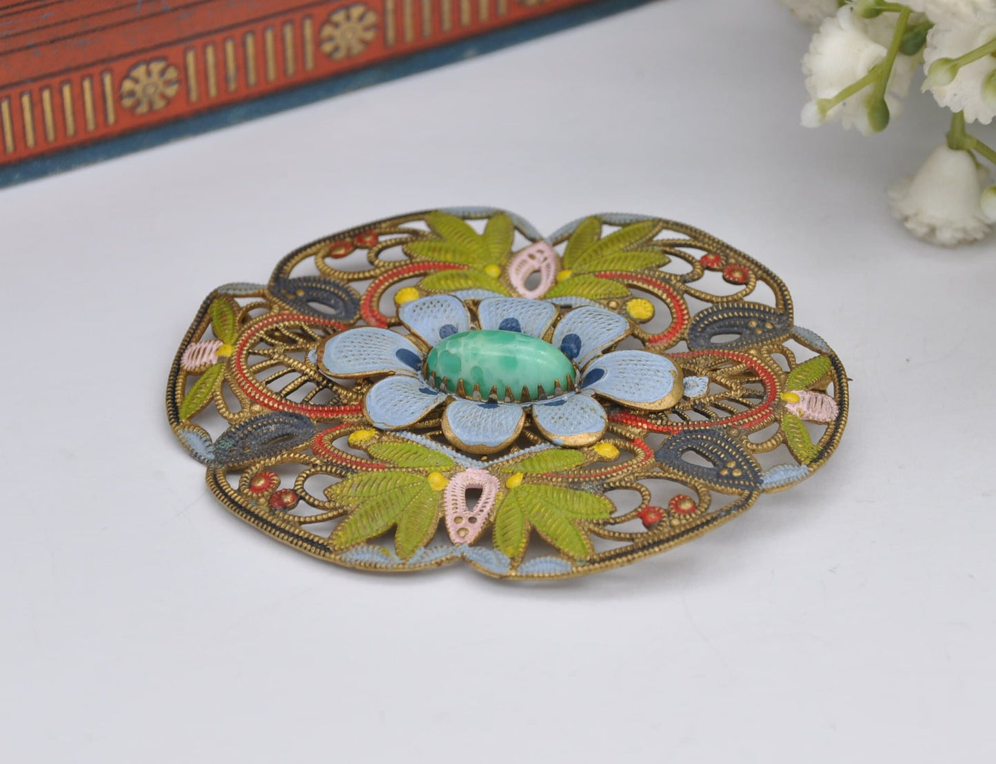 Vintage Czech Filigree Enamel Flower Brooch Set with Peking Glass