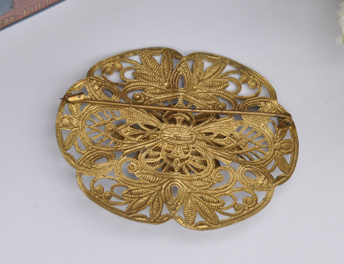 Vintage Czech Filigree Enamel Flower Brooch Set with Peking Glass