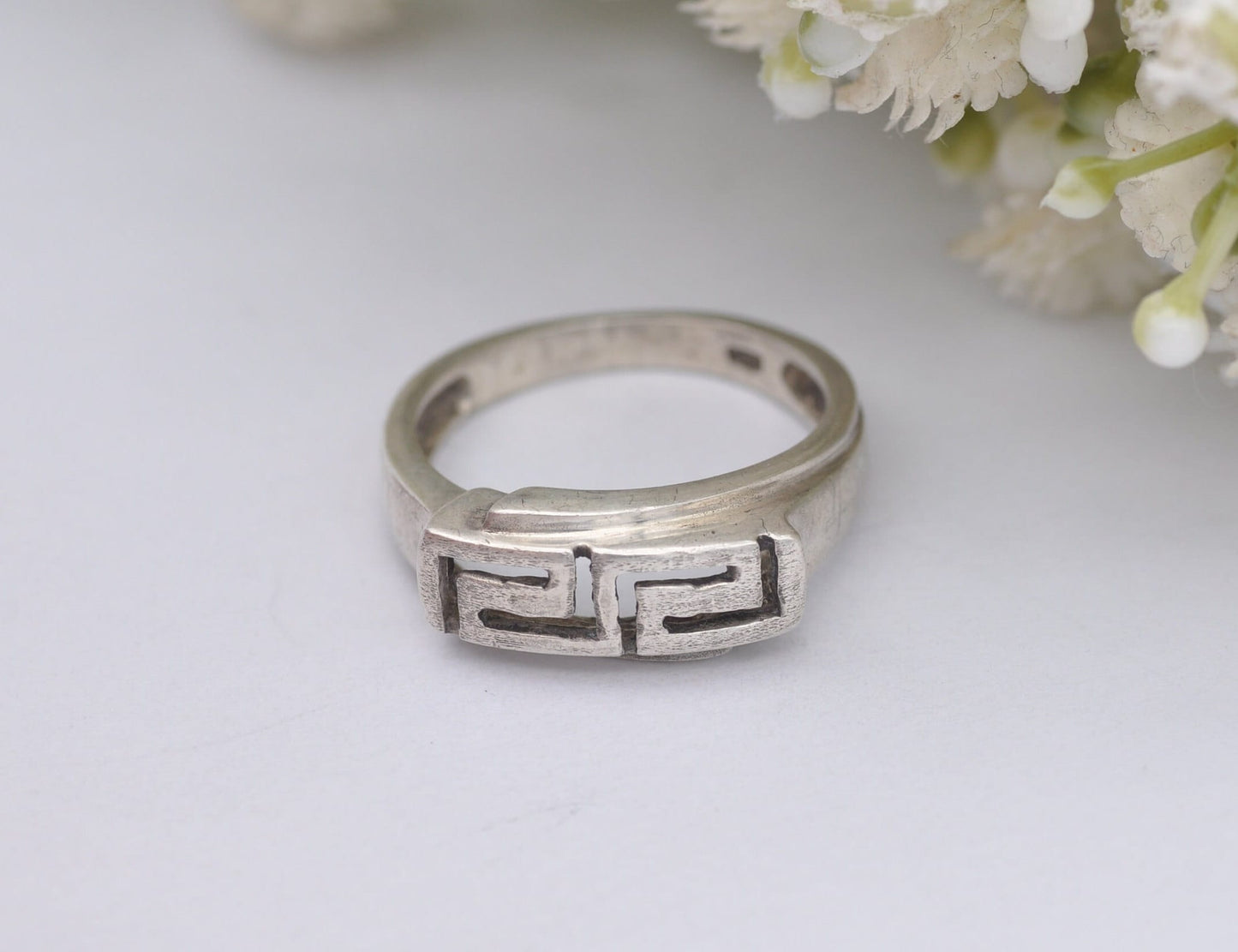 Vintage Chunky Silver Greek Key Ring - UK Size - Q 1/2 / US Size - 8 1/4