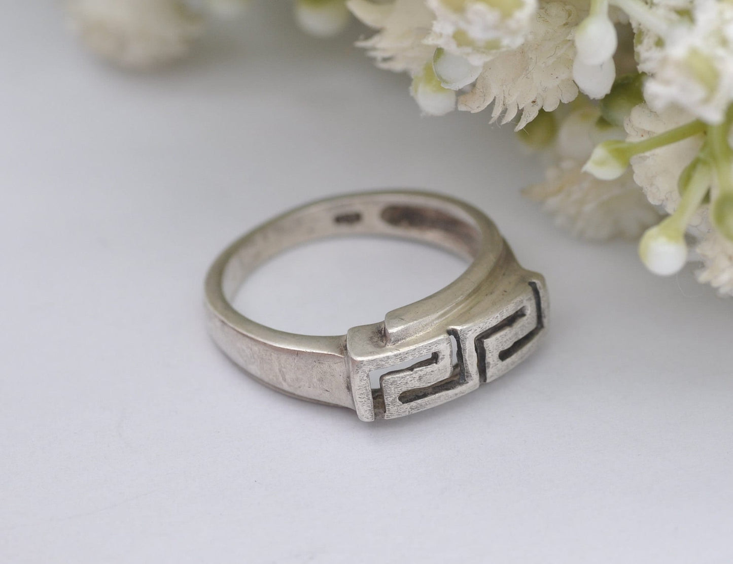 Vintage Chunky Silver Greek Key Ring - UK Size - Q 1/2 / US Size - 8 1/4