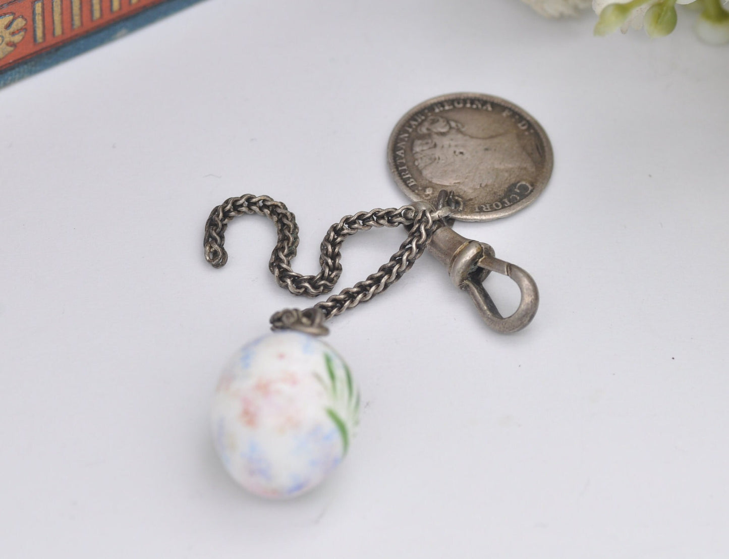 Antique Victorian Silver Dog Clip Fob Collection with Painted Bird Egg and Threepence Coin Love Token Engraved EM