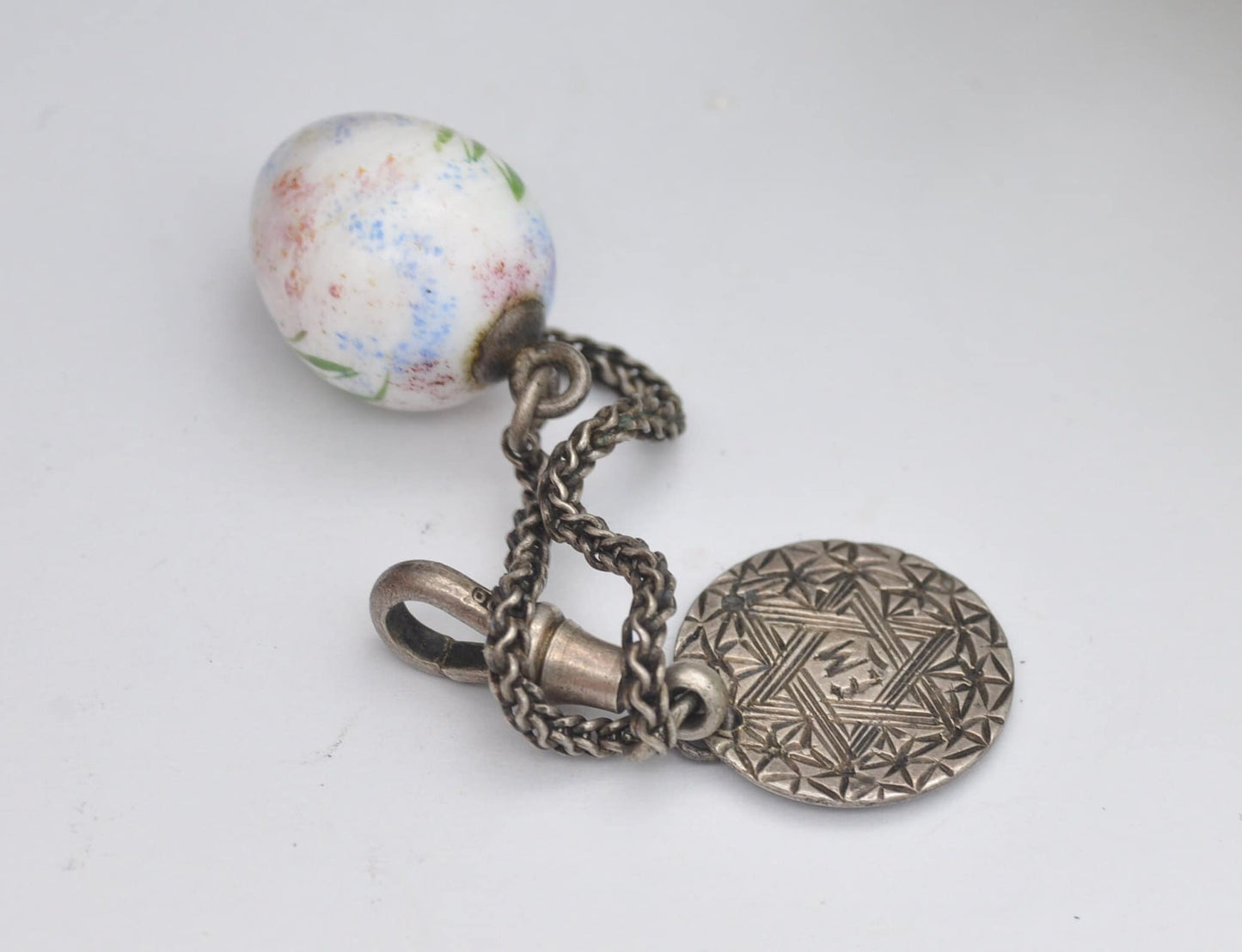 Antique Victorian Silver Dog Clip Fob Collection with Painted Bird Egg and Threepence Coin Love Token Engraved EM