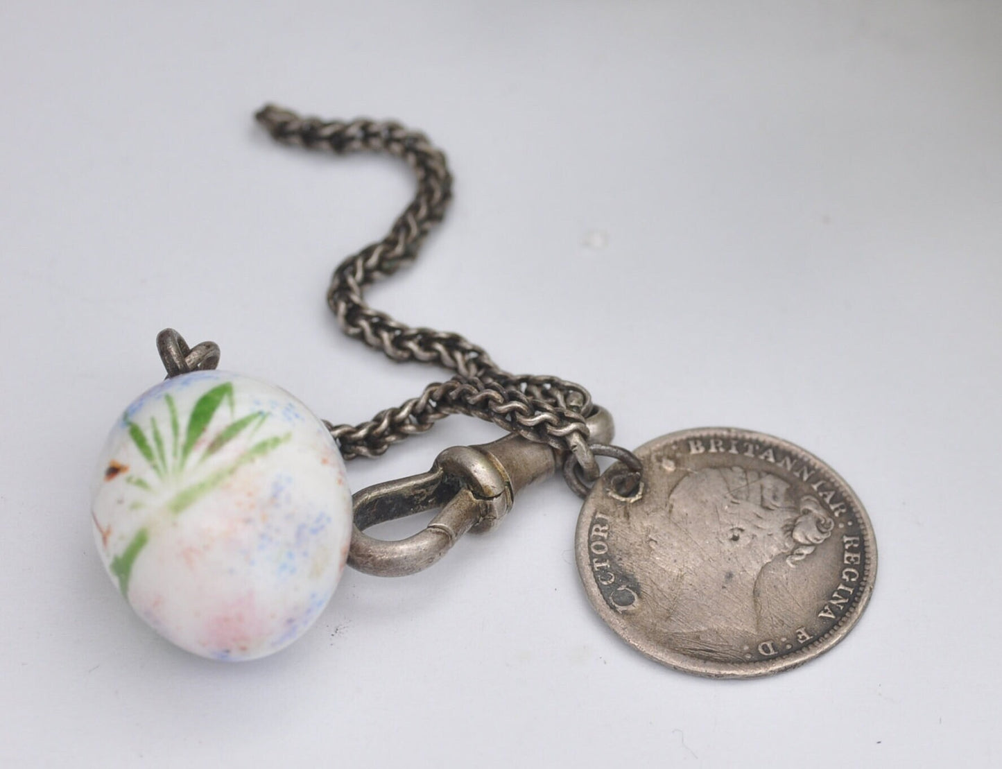 Antique Victorian Silver Dog Clip Fob Collection with Painted Bird Egg and Threepence Coin Love Token Engraved EM
