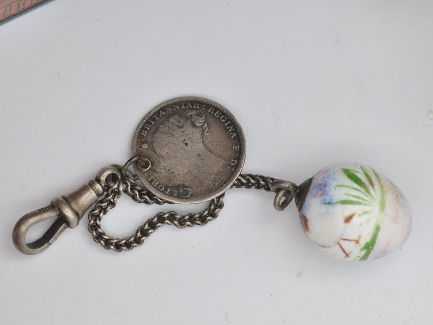 Antique Victorian Silver Dog Clip Fob Collection with Painted Bird Egg and Threepence Coin Love Token Engraved EM