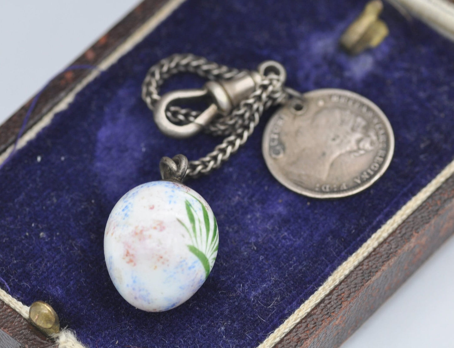 Antique Victorian Silver Dog Clip Fob Collection with Painted Bird Egg and Threepence Coin Love Token Engraved EM