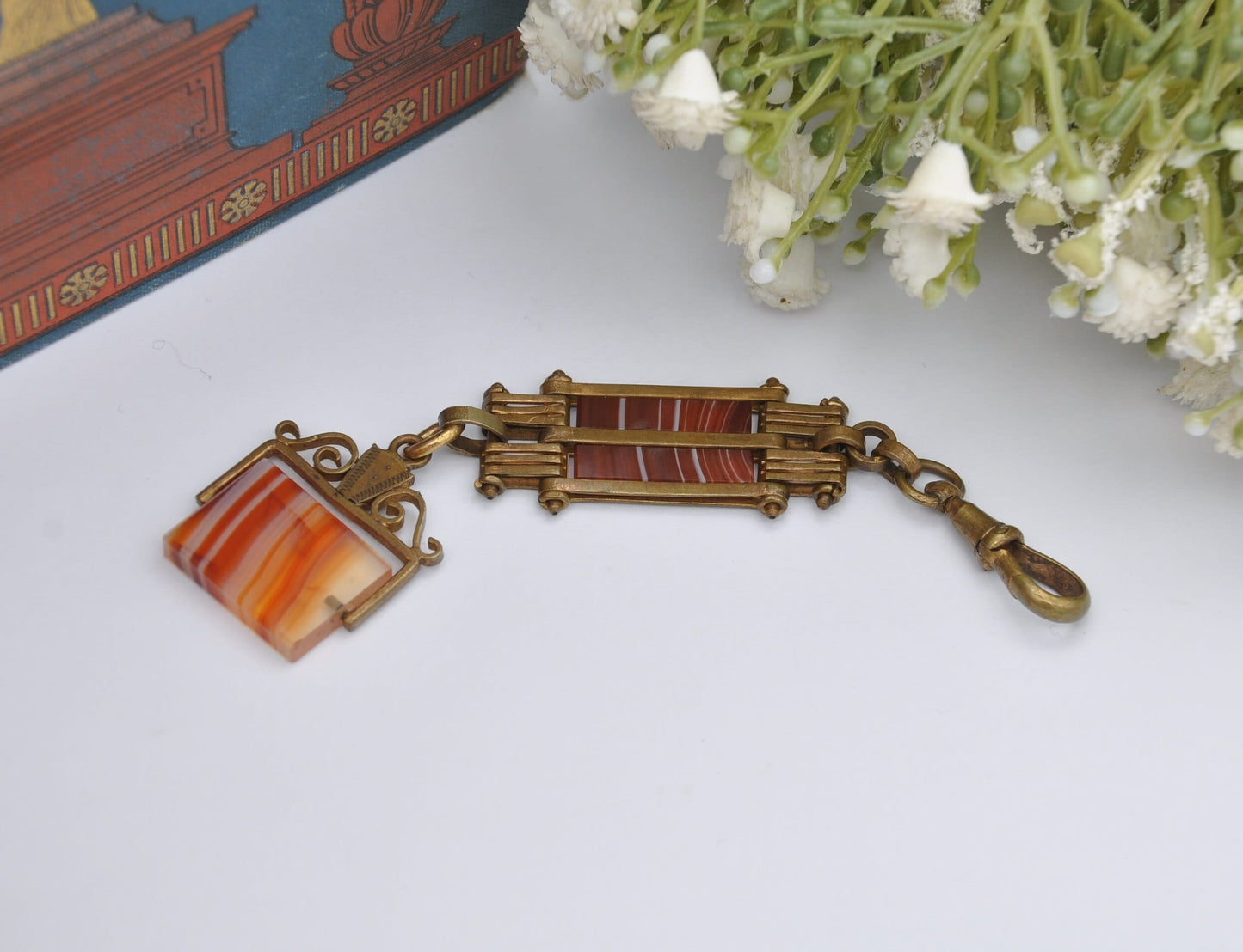 Antique Red Banded Agate Watch Fob with Dog Clip