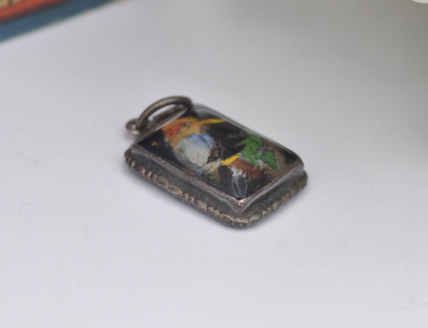 Antique Art Deco Sterling Silver Butterfly Wing Kingfisher Bird Pendant
