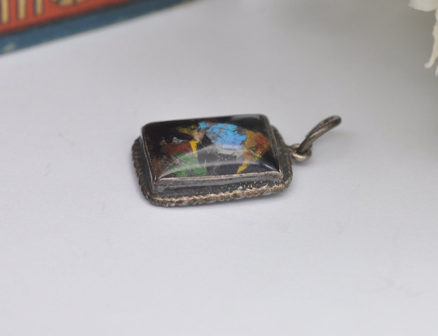 Antique Art Deco Sterling Silver Butterfly Wing Kingfisher Bird Pendant