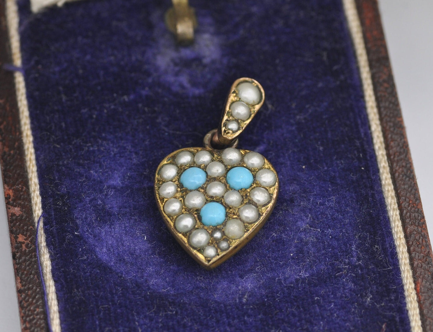 Antique Victorian Rolled Gold Heart Pendant with Faux Turquoise and Seed Pearls by G & Co