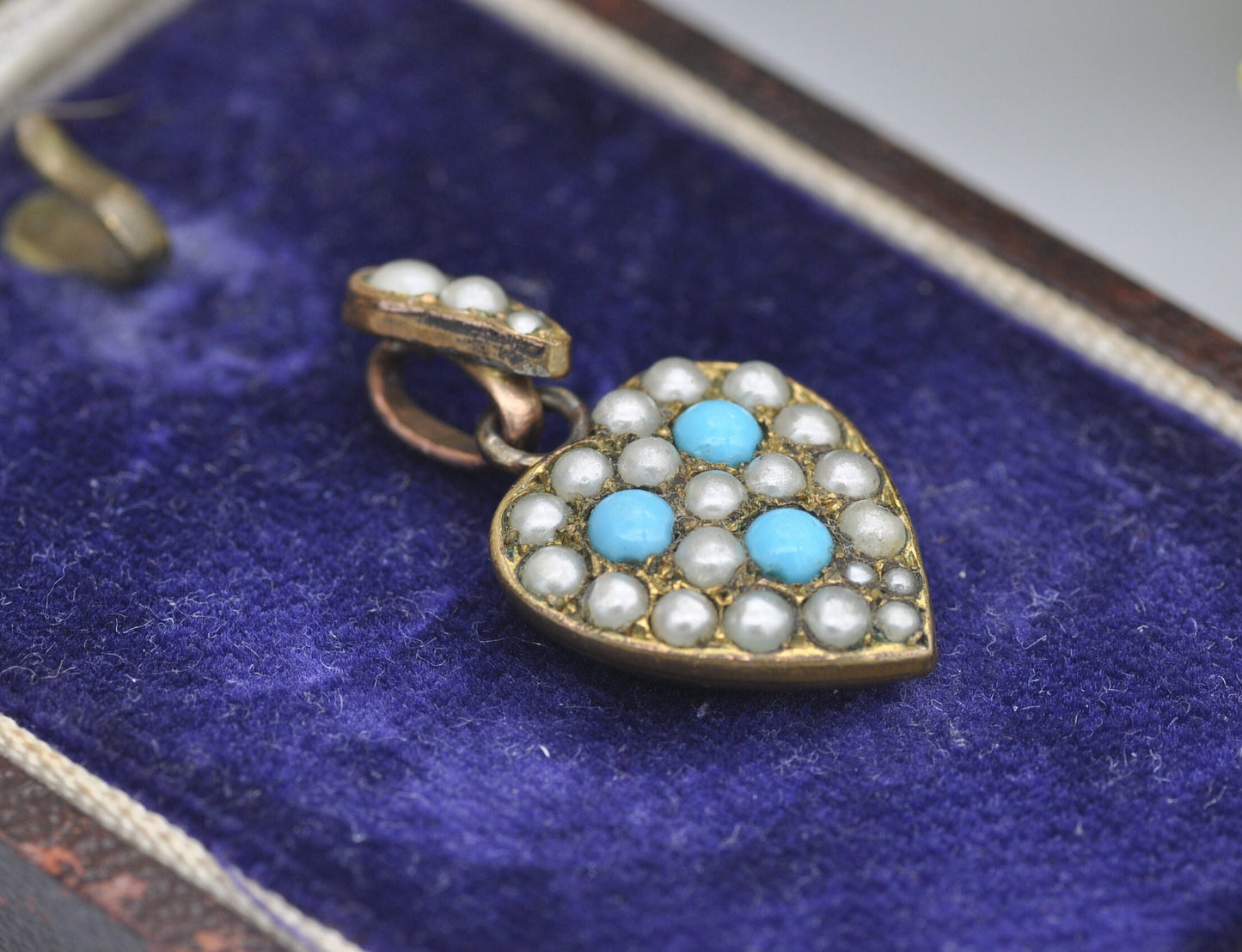 Antique Victorian Rolled Gold Heart Pendant with Faux Turquoise and Seed Pearls by G & Co