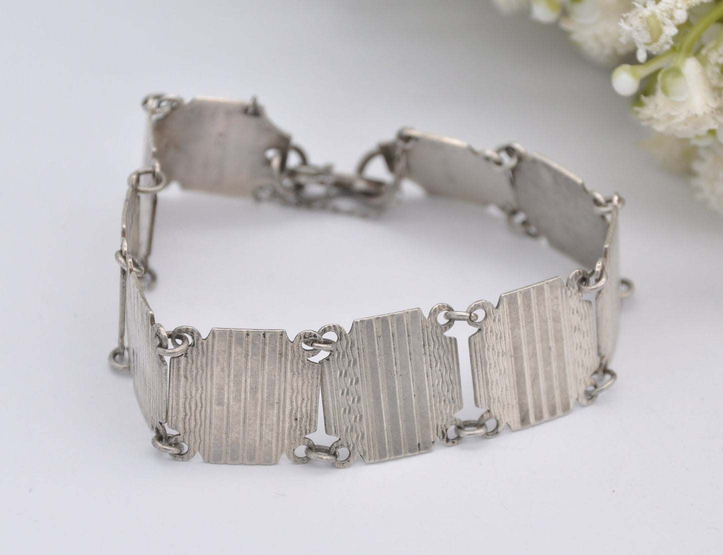 Vintage Sterling Silver Panel Bracelet - Engine Turned Stamped Canadian Treasury, Art Deco