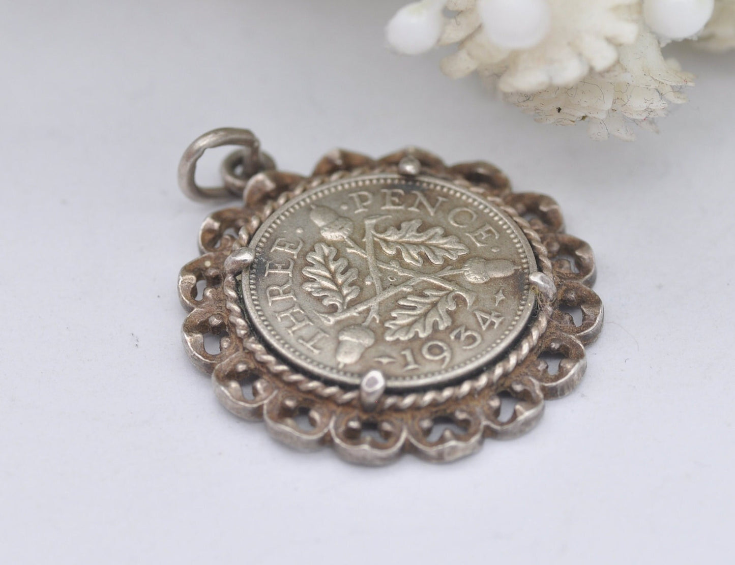 Vintage Silver George V Threepence 1934 Coin Charm - 3 Pence Pendant