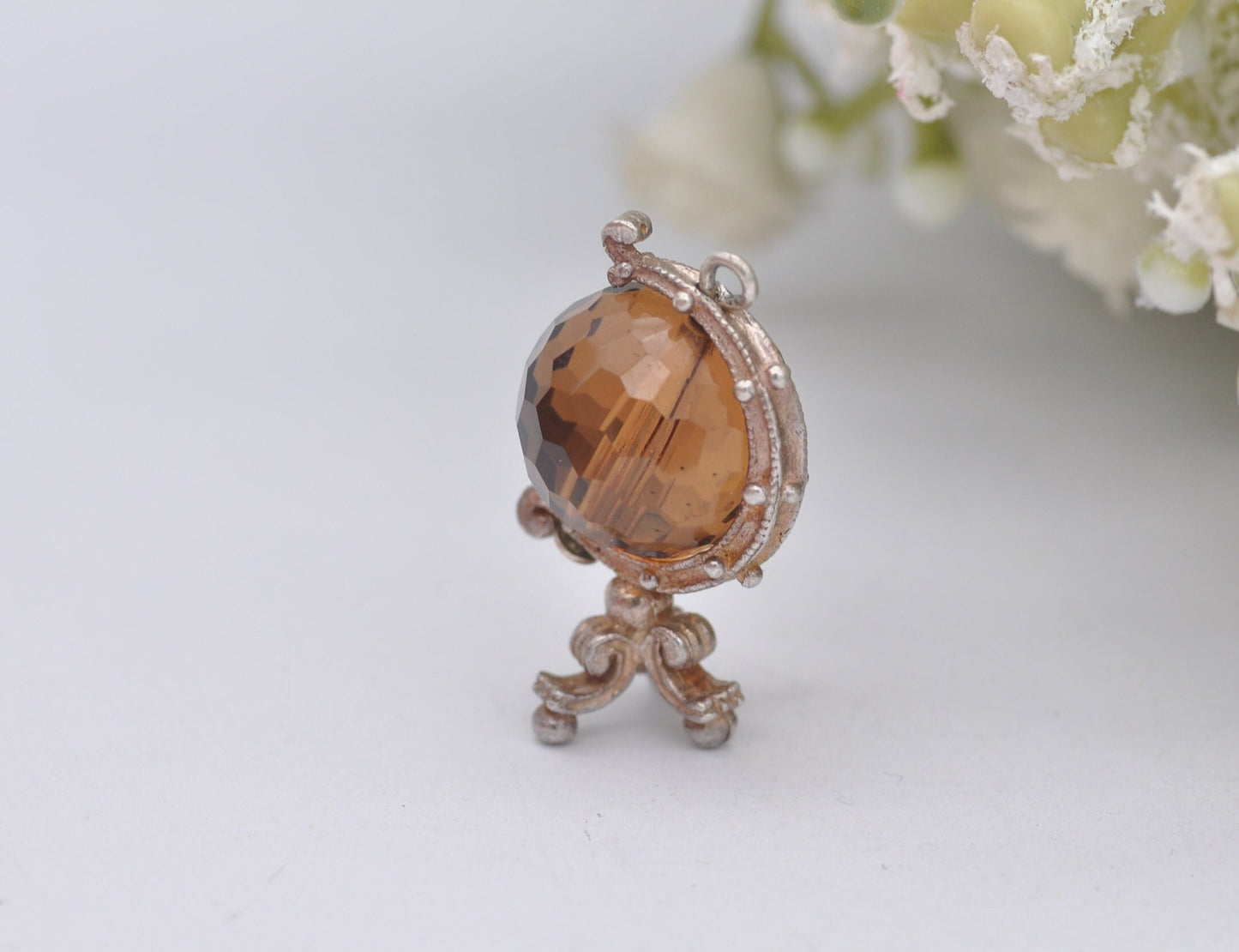 Vintage Sterling Silver Crystal Globe Charm - Spinning Pendant