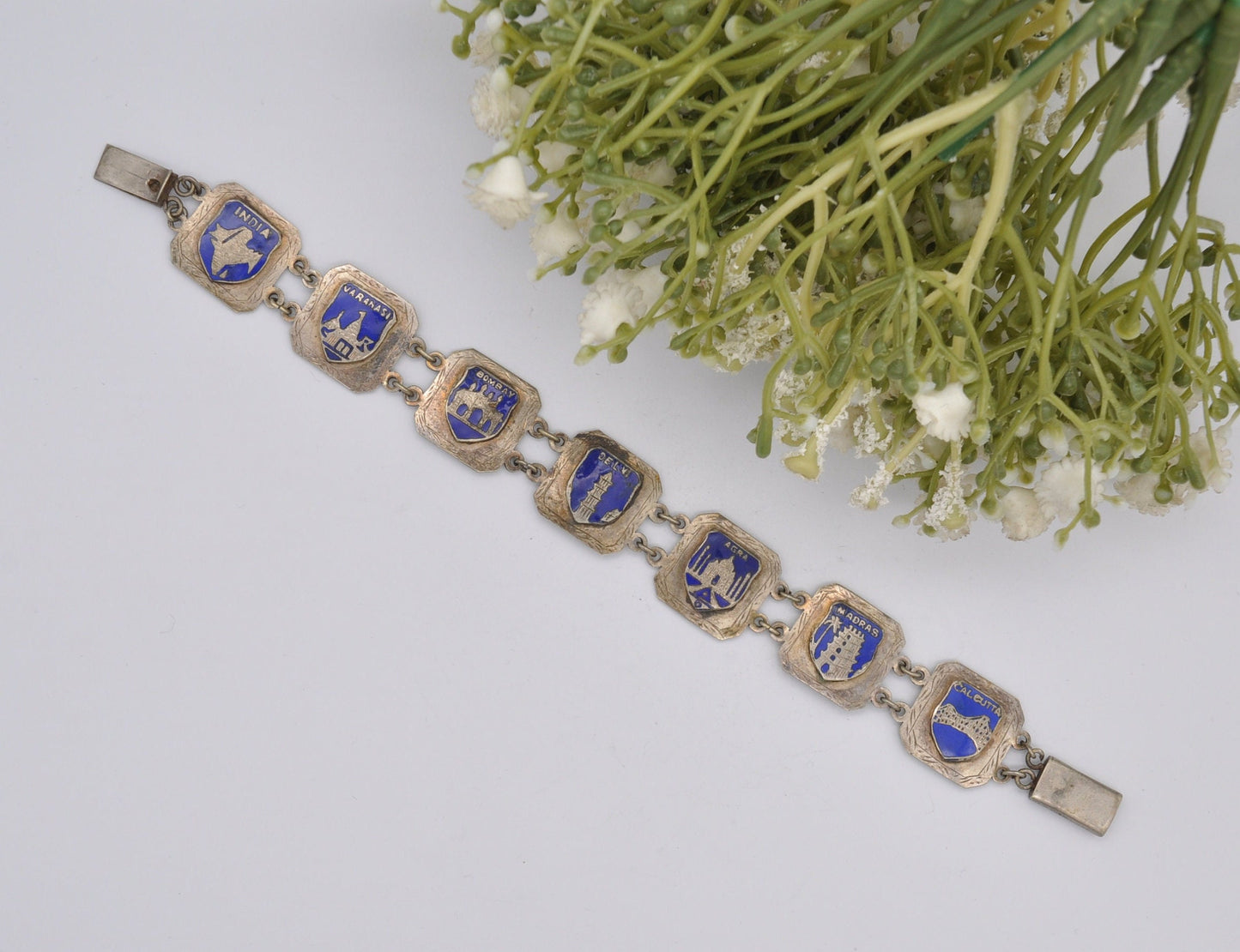 Vintage India Souvenir Panel Bracelet Silver Tone with Blue Enamel - Calcutta / Bombay / Agra