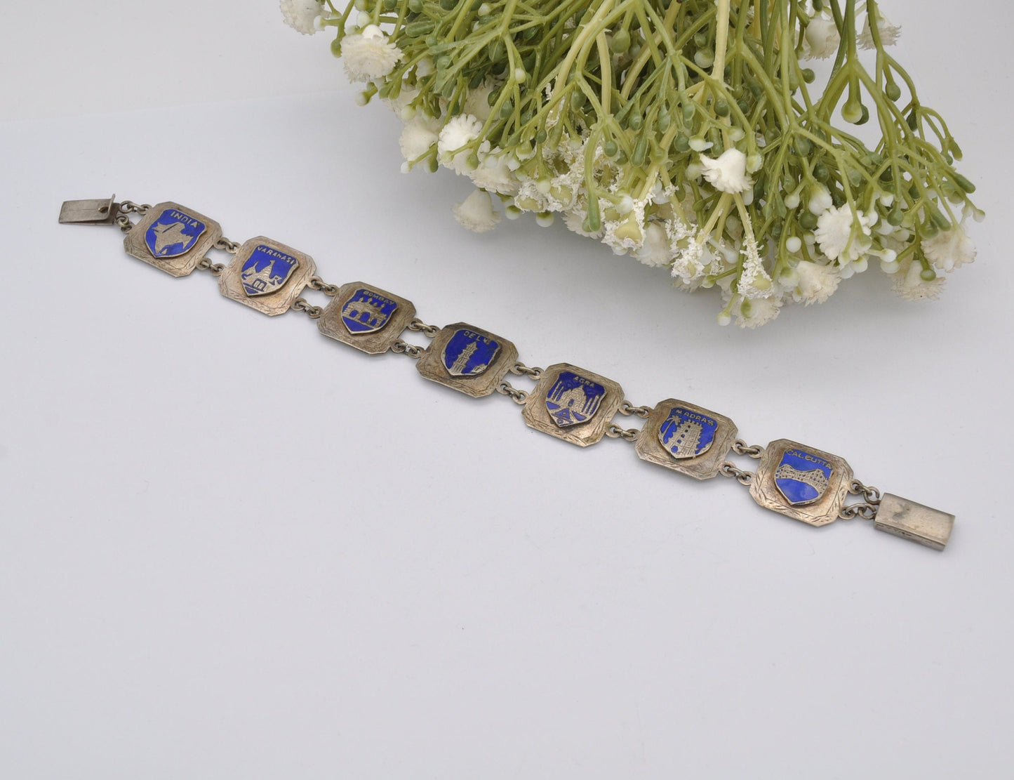 Vintage India Souvenir Panel Bracelet Silver Tone with Blue Enamel - Calcutta / Bombay / Agra