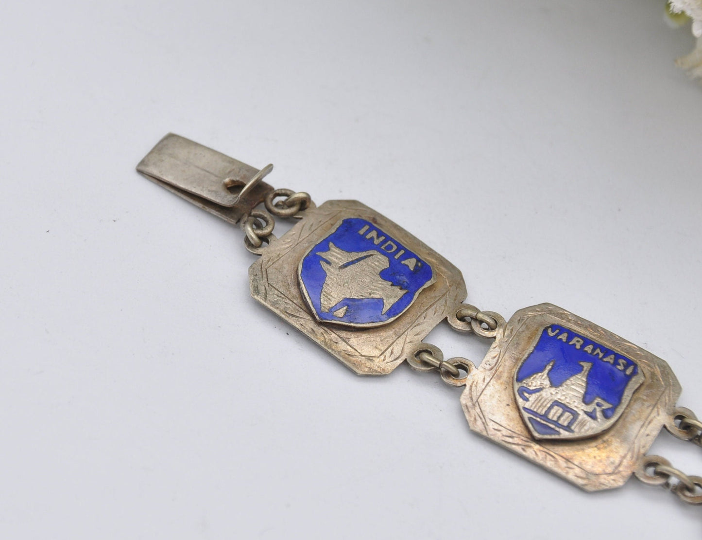 Vintage India Souvenir Panel Bracelet Silver Tone with Blue Enamel - Calcutta / Bombay / Agra