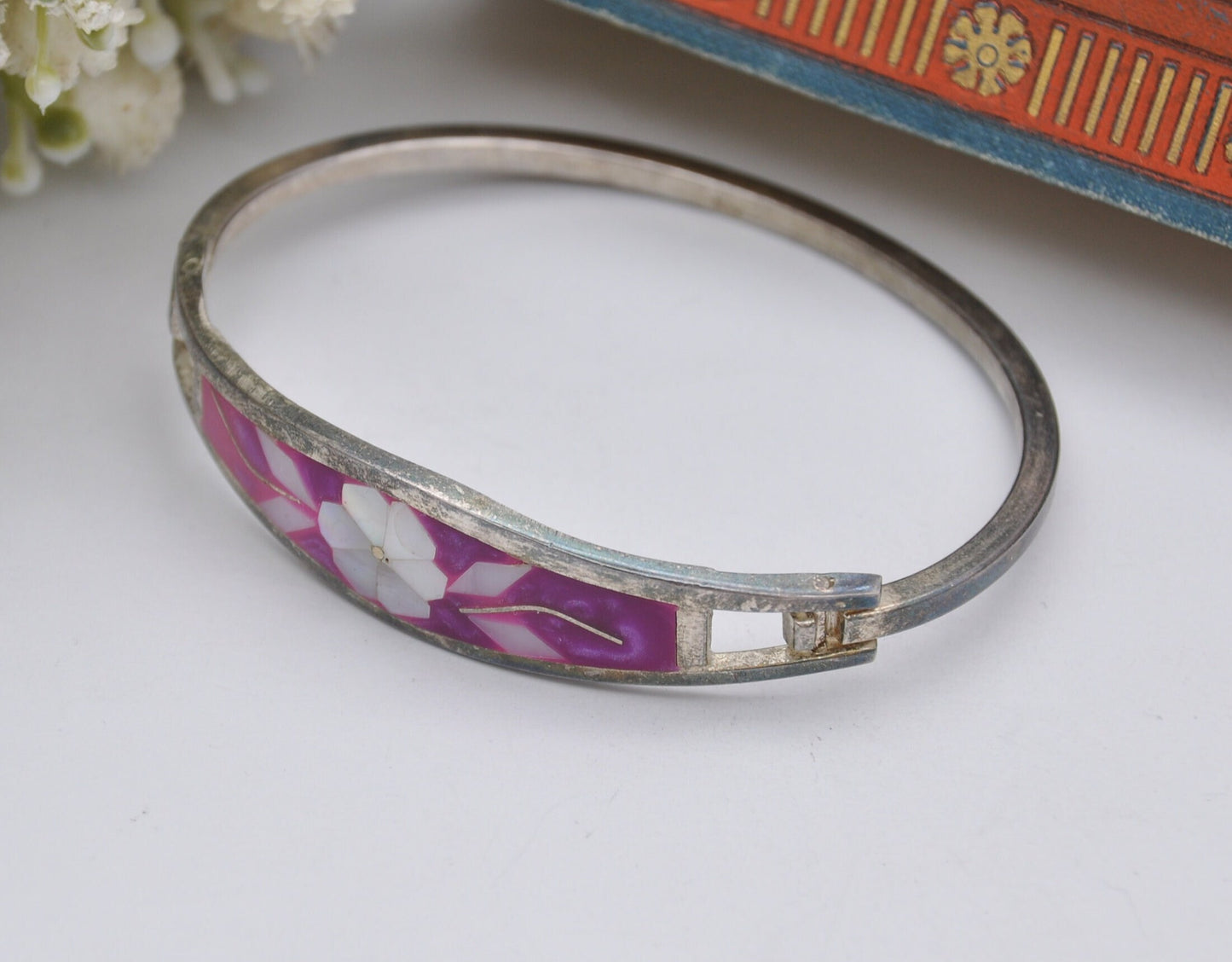 Vintage Mexico Sterling Silver Mother of Pearl Cuff Bracelet - Flower Bangle