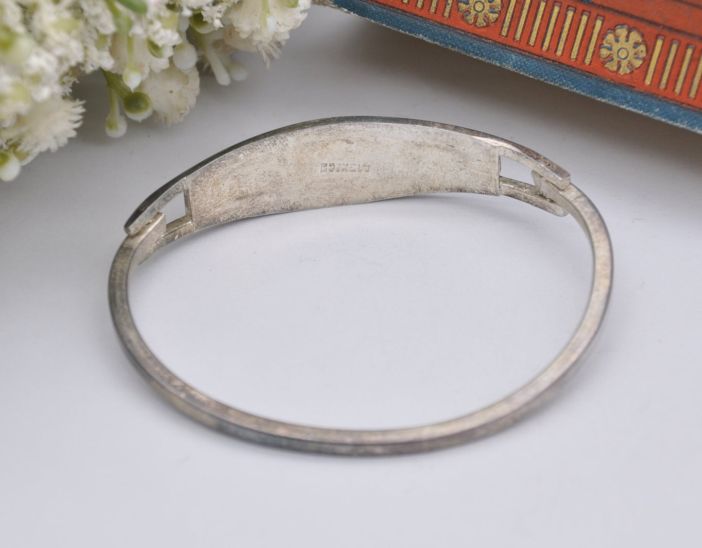 Vintage Mexico Sterling Silver Mother of Pearl Cuff Bracelet - Flower Bangle
