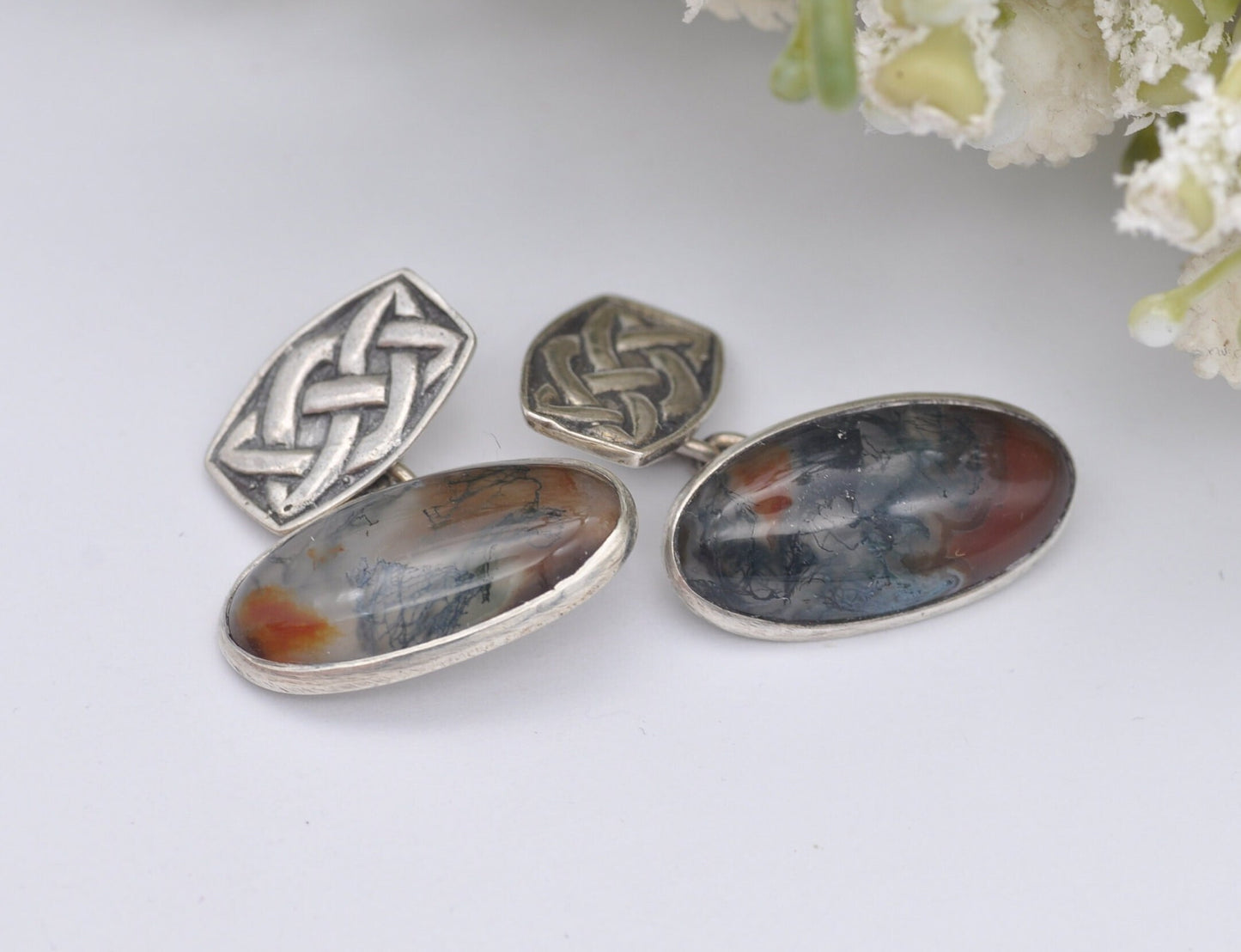 Vintage Celtic Sterling Silver Moss Agate Cuff Links - Celtic Knot Jewellery