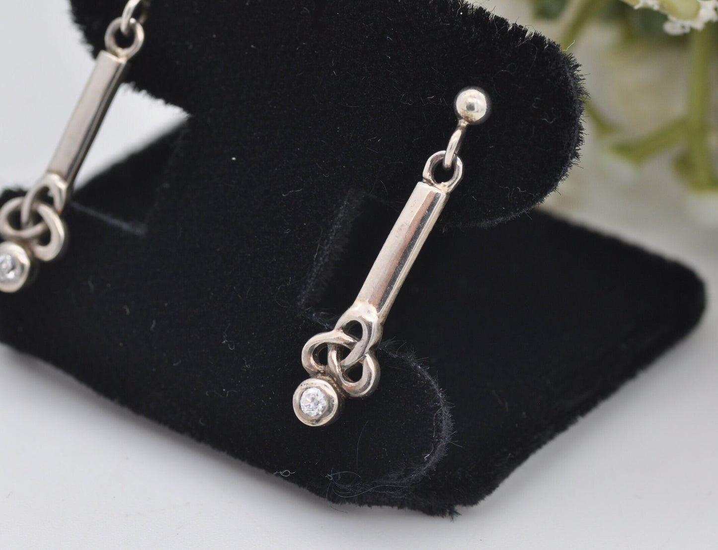 Vintage Kit Heath Sterling Silver Celtic Stud Drop Earrings Triquetra with White Stones