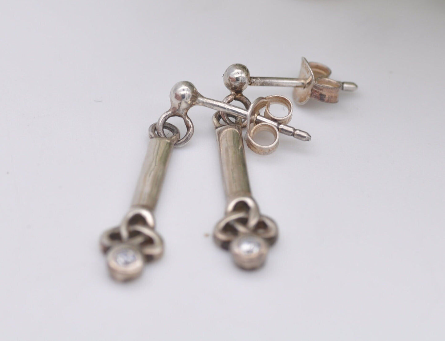 Vintage Kit Heath Sterling Silver Celtic Stud Drop Earrings Triquetra with White Stones