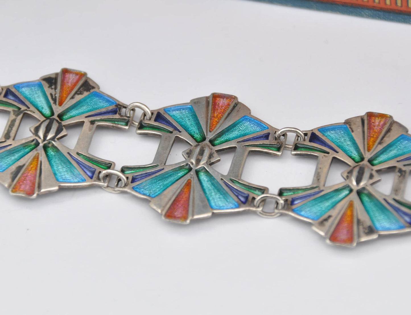 Vintage Pat Cheney Sterling Silver Enamel Panel Link Bracelet