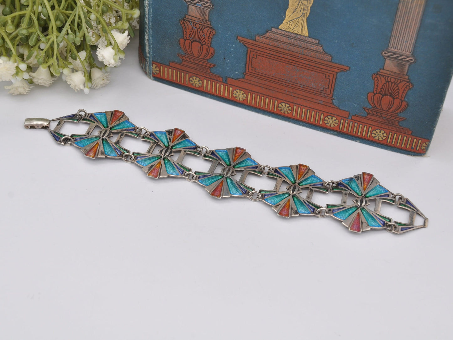 Vintage Pat Cheney Sterling Silver Enamel Panel Link Bracelet