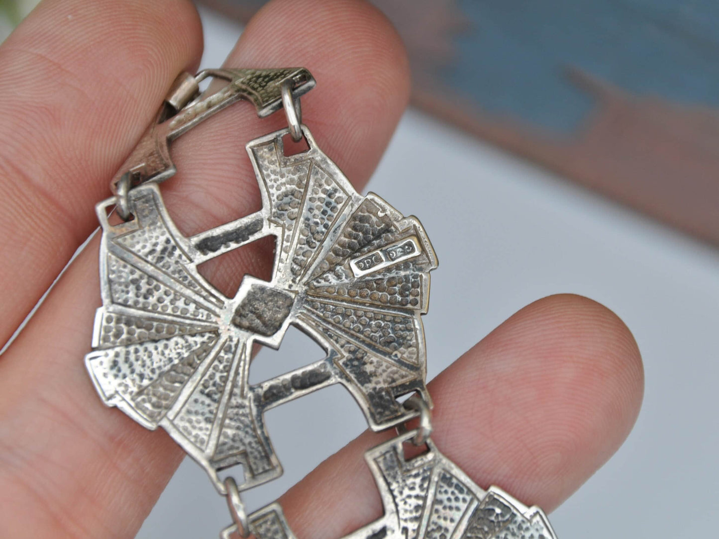 Vintage Pat Cheney Sterling Silver Enamel Panel Link Bracelet