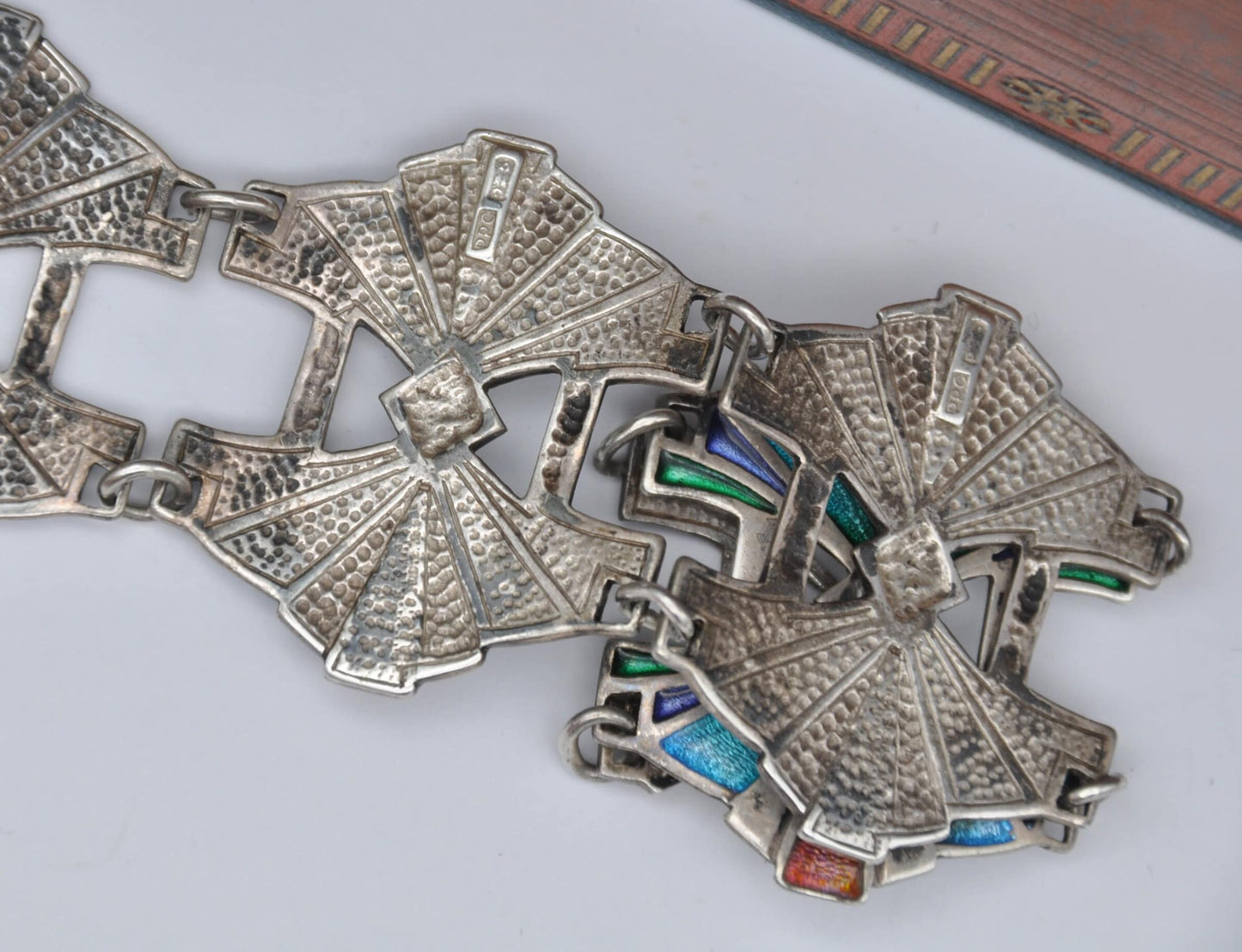 Vintage Pat Cheney Sterling Silver Enamel Panel Link Bracelet