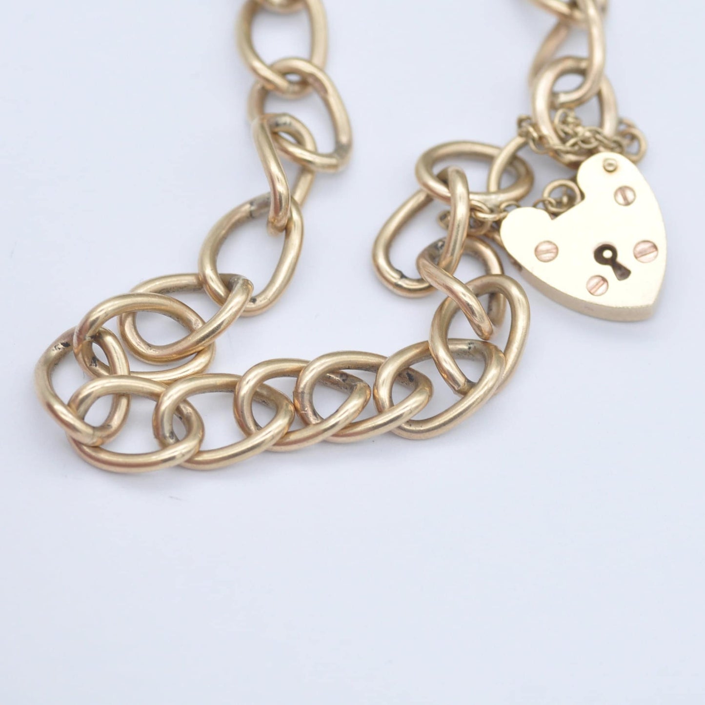 Vintage 9ct Gold Heart Padlock Clasp Curb Link Chain Bracelet 1973