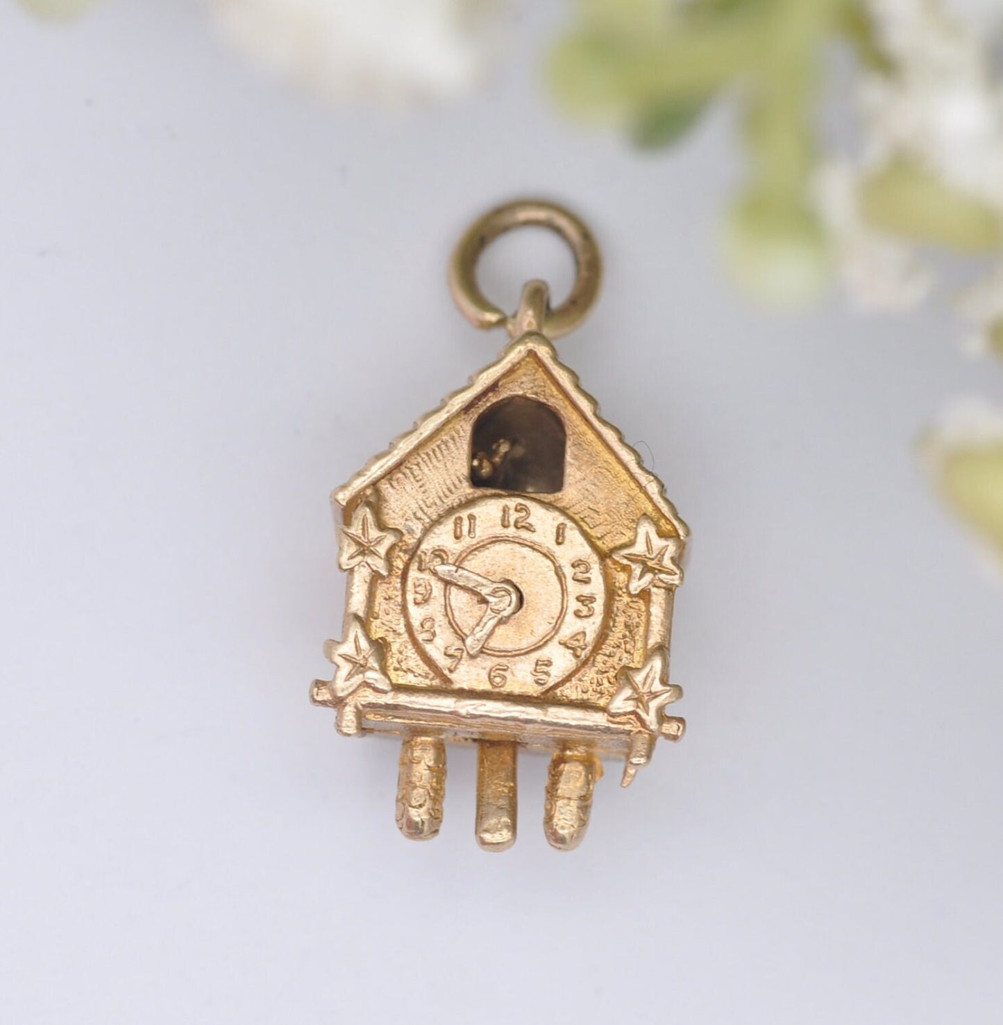 Vintage 9ct Gold Cuckoo Clock Charm Pendant 1968 with Articulated Moving Hands and Bird