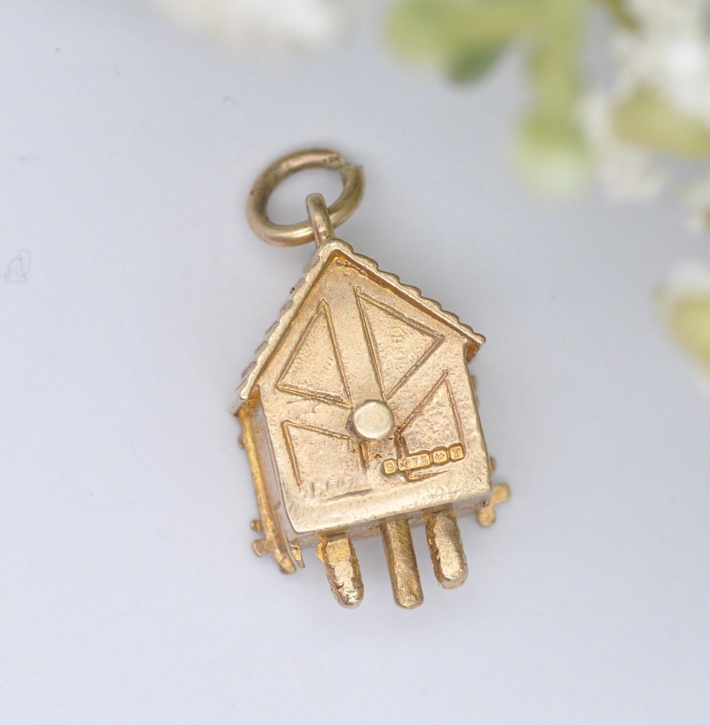 Vintage 9ct Gold Cuckoo Clock Charm Pendant 1968 with Articulated Moving Hands and Bird