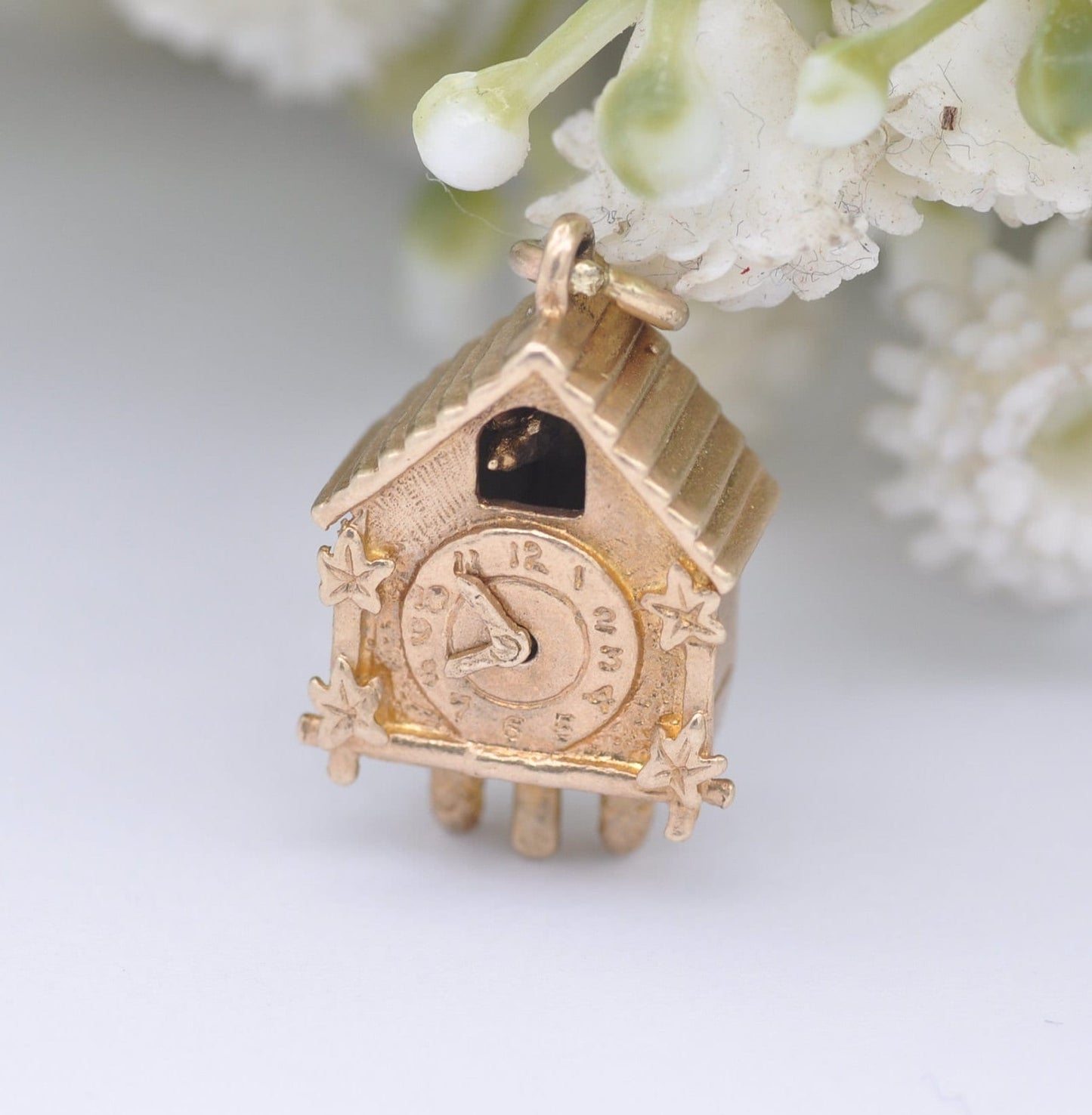 Vintage 9ct Gold Cuckoo Clock Charm Pendant 1968 with Articulated Moving Hands and Bird