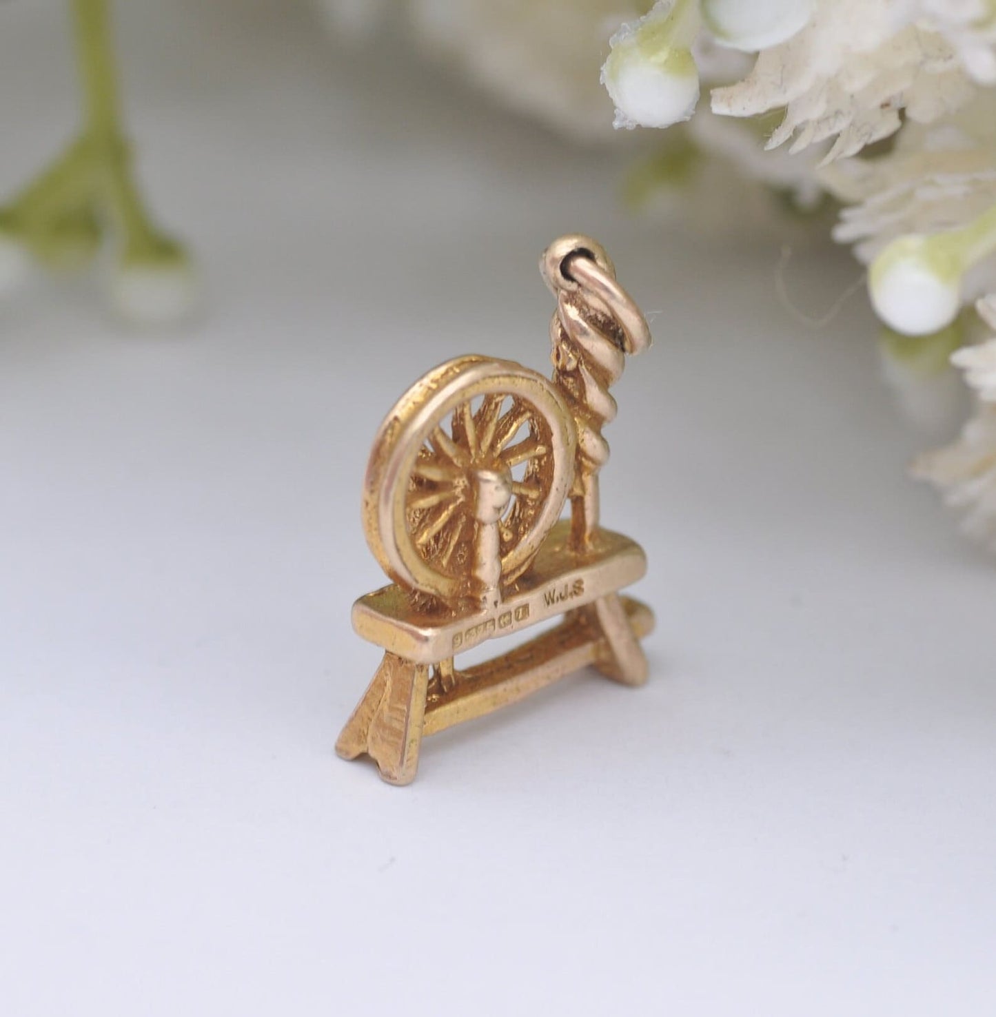 Vintage 9ct Gold Spinning Wheel Charm Pendant by W J Sutton 1968