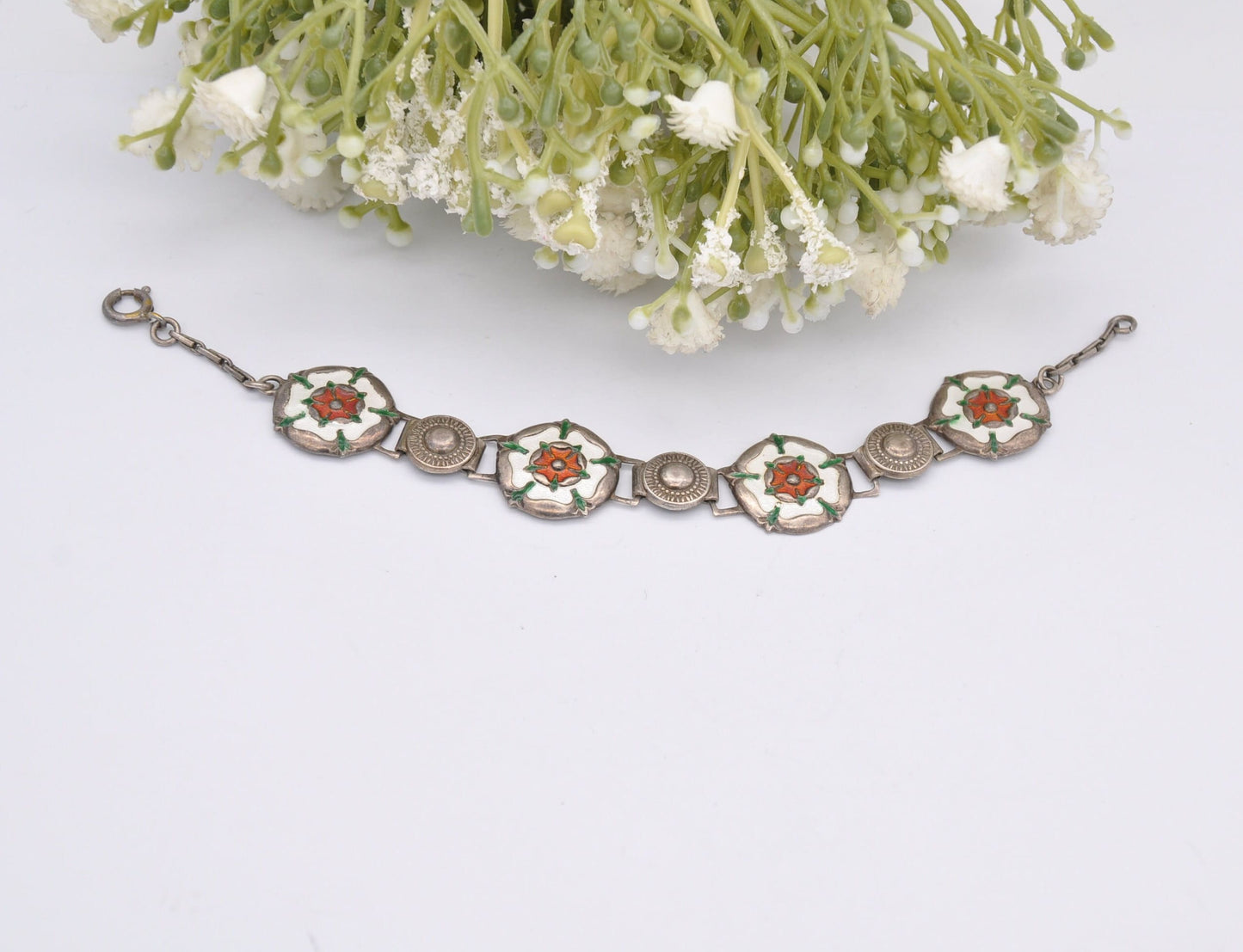 Vintage Scottish Sterling Silver Rose Enamel Panel Link Bracelet