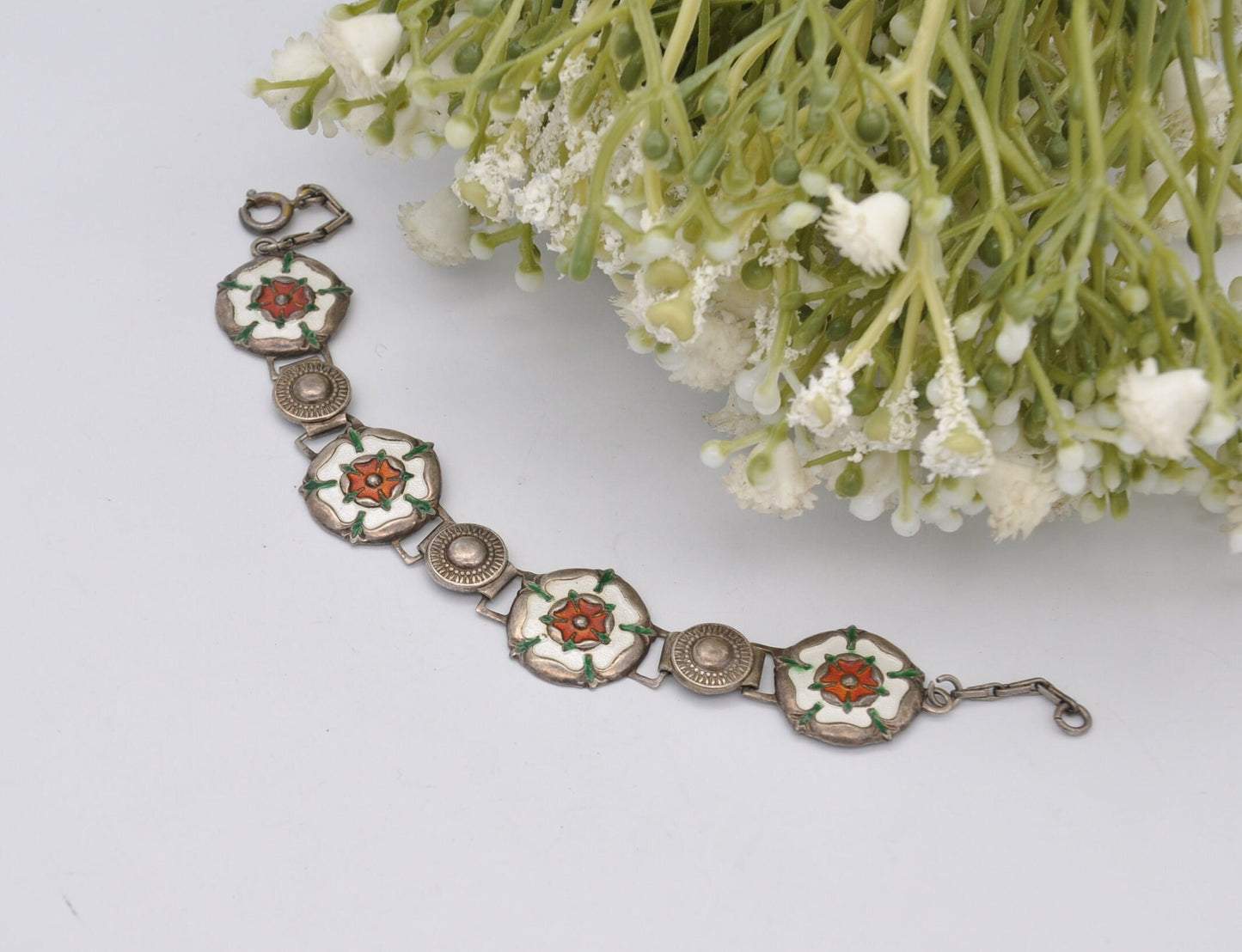 Vintage Scottish Sterling Silver Rose Enamel Panel Link Bracelet