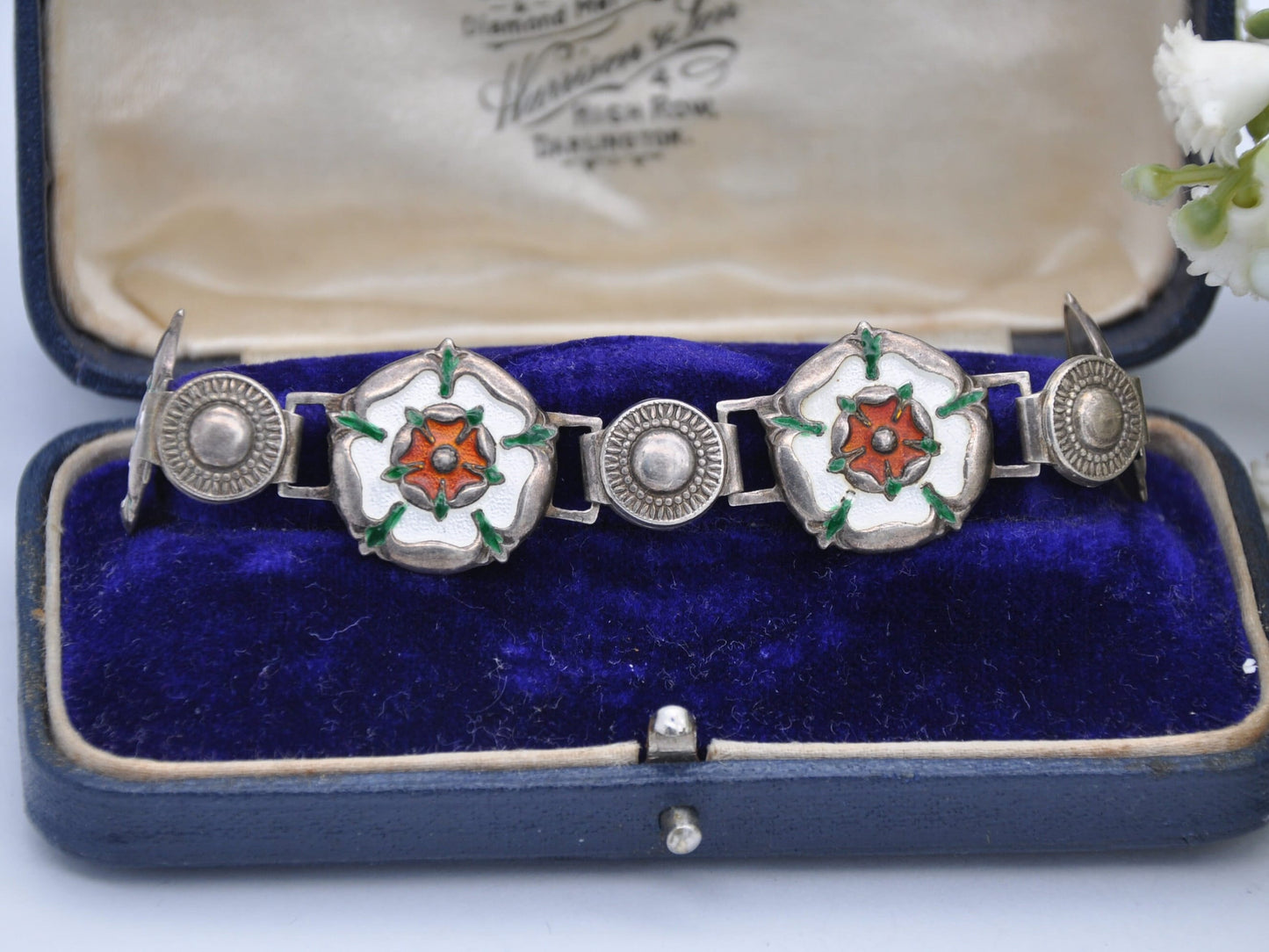 Vintage Scottish Sterling Silver Rose Enamel Panel Link Bracelet