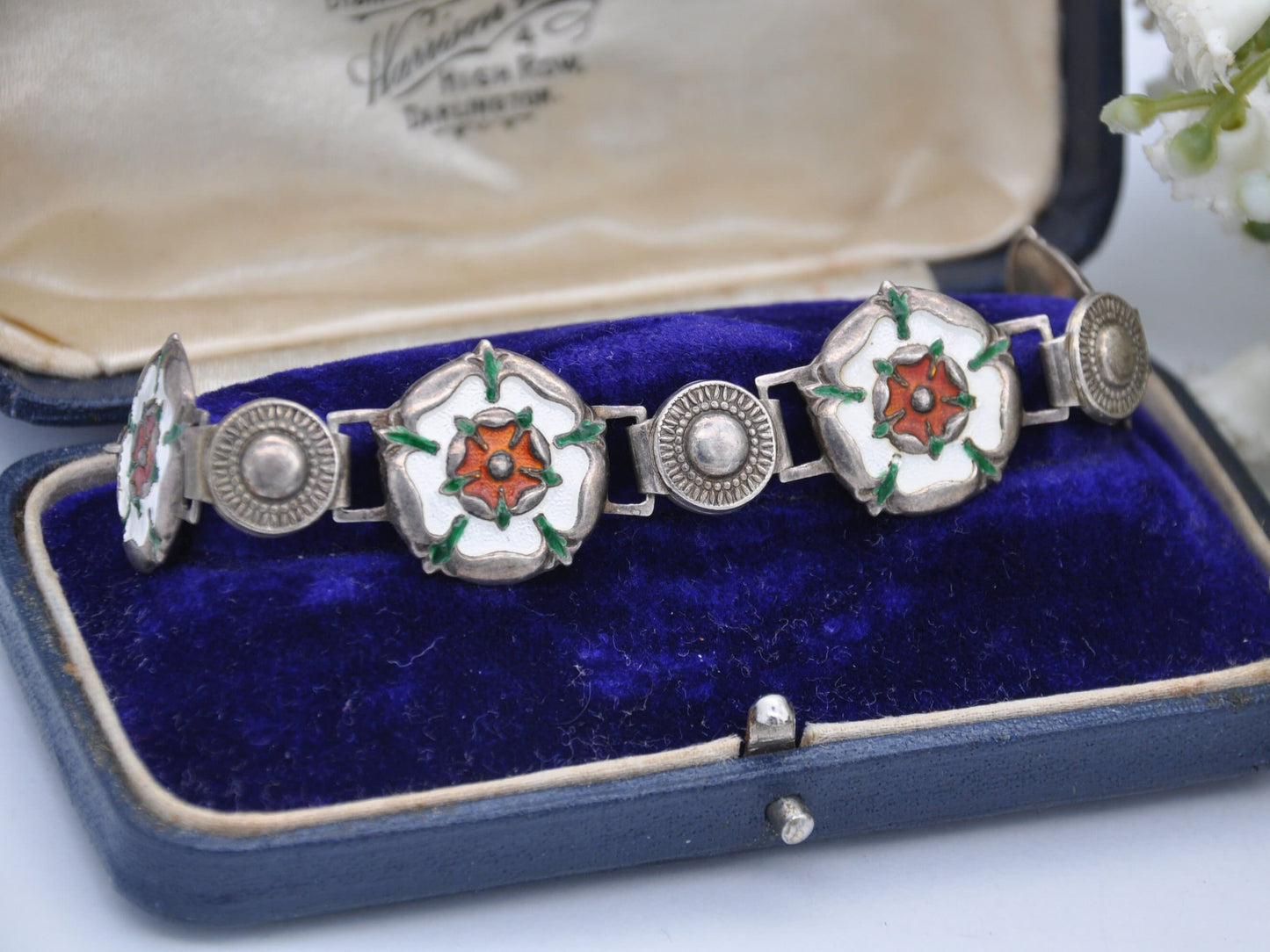 Vintage Scottish Sterling Silver Rose Enamel Panel Link Bracelet
