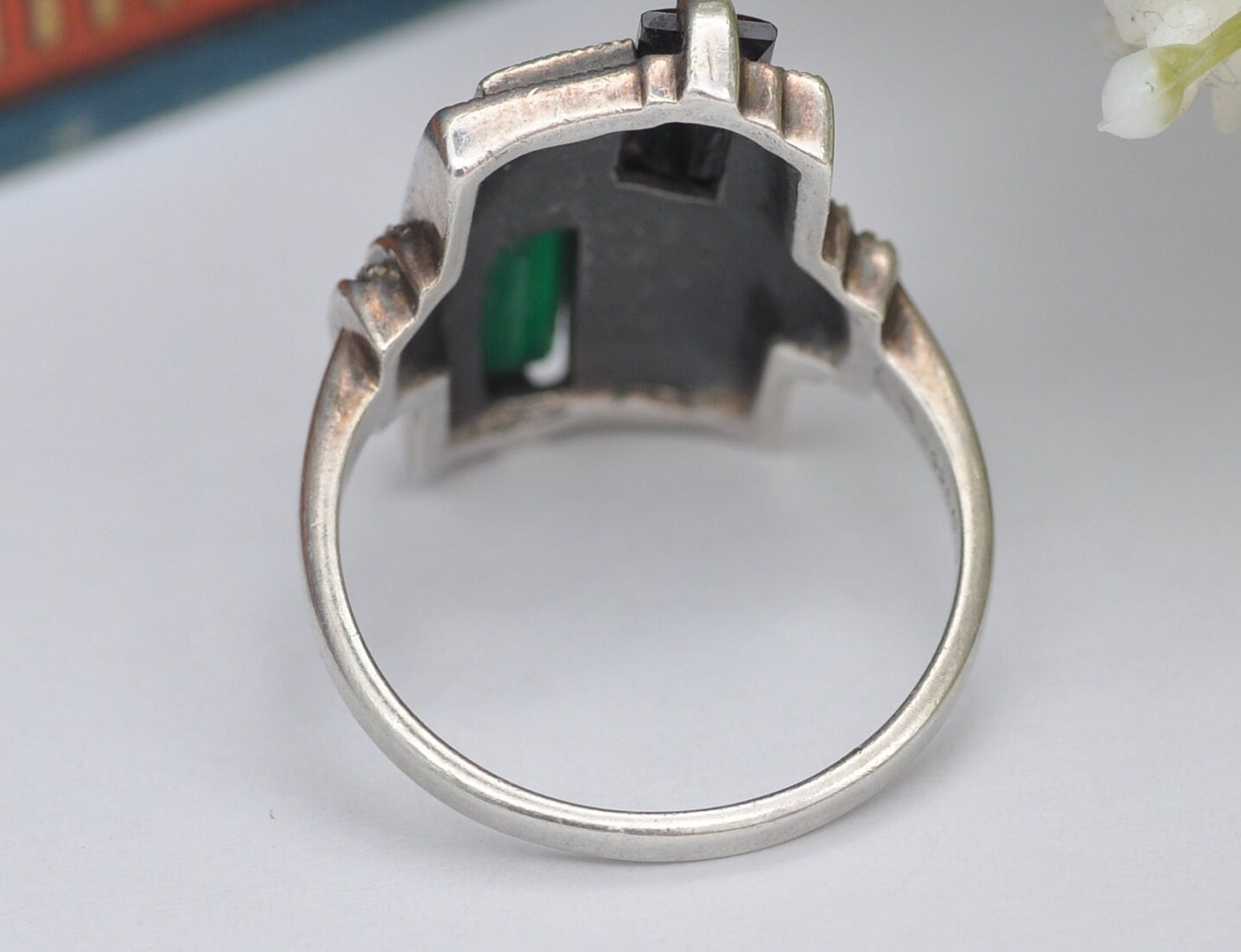 Vintage ART Sterling Silver Art Deco Style Ring 1990 - Chrysoprase Onyx Marcasite / UK Size - P 1/2 / US Size - 7 3/4
