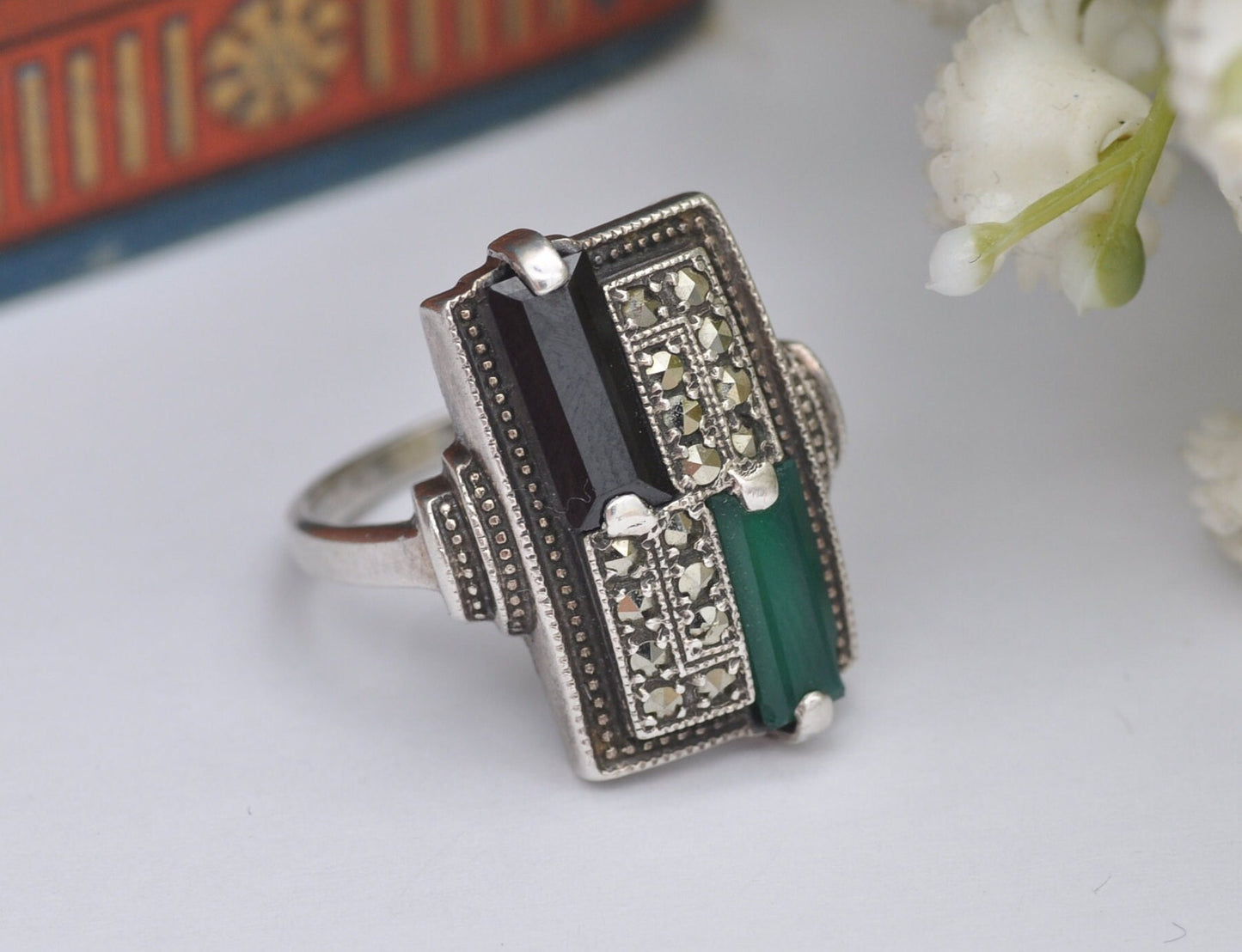 Vintage ART Sterling Silver Art Deco Style Ring 1990 - Chrysoprase Onyx Marcasite / UK Size - P 1/2 / US Size - 7 3/4