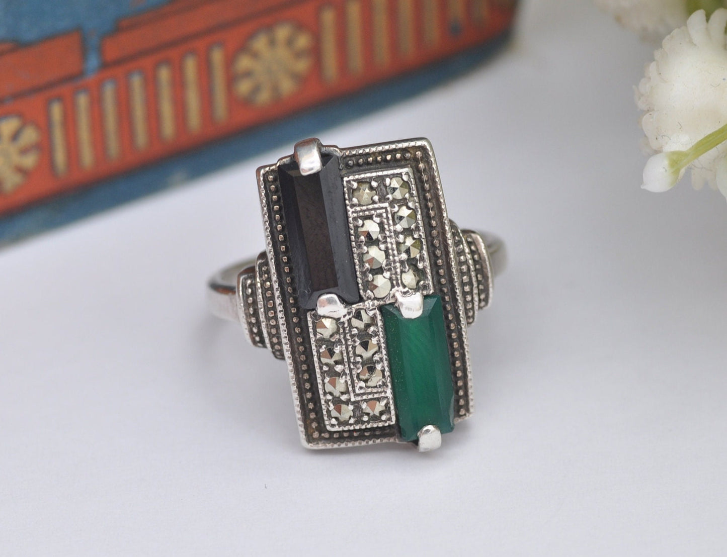 Vintage ART Sterling Silver Art Deco Style Ring 1990 - Chrysoprase Onyx Marcasite / UK Size - P 1/2 / US Size - 7 3/4