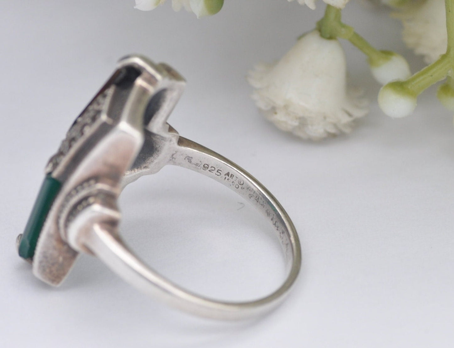 Vintage ART Sterling Silver Art Deco Style Ring 1990 - Chrysoprase Onyx Marcasite / UK Size - P 1/2 / US Size - 7 3/4
