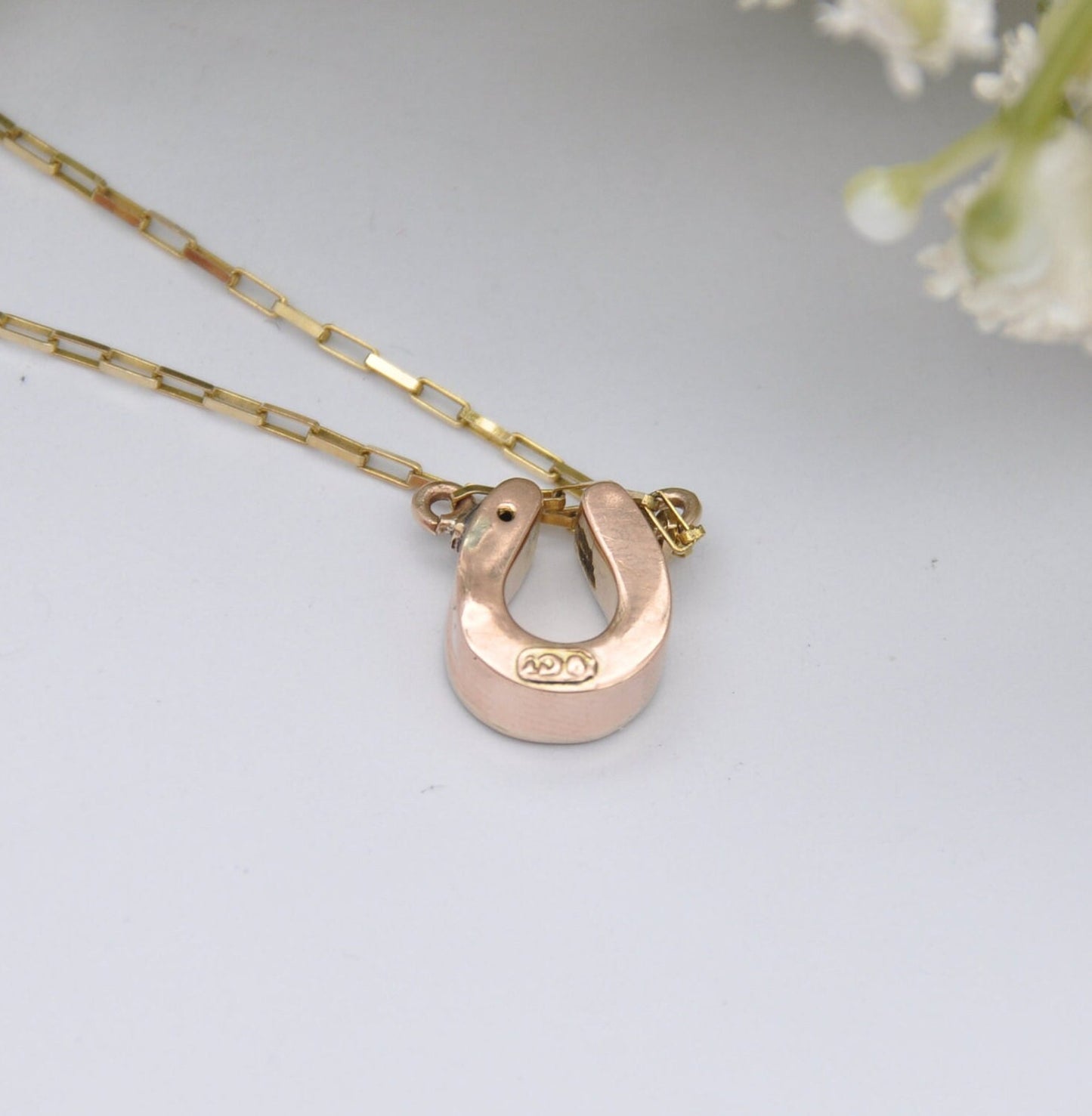 Antique Victorian 9ct Rose Gold Garnet Seed Pearl Pendant Necklace - Lucky Horseshoe