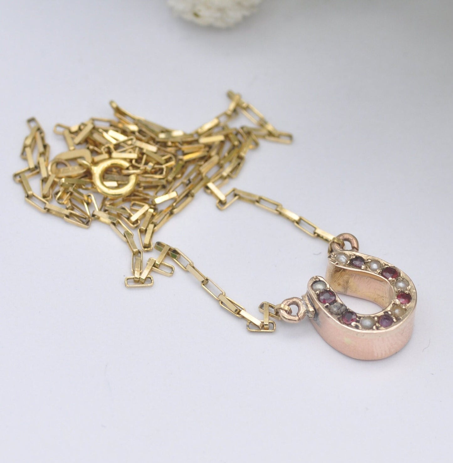 Antique Victorian 9ct Rose Gold Garnet Seed Pearl Pendant Necklace - Lucky Horseshoe