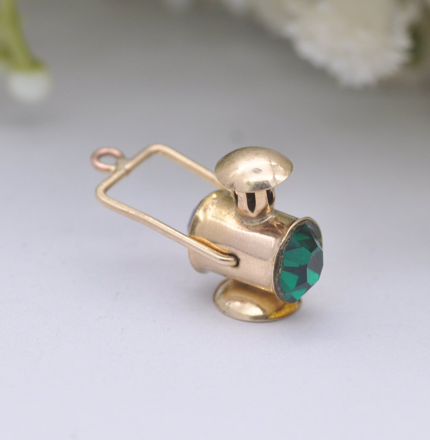 Vintage 9ct Gold Miner's Lamp Charm Pendant by Fred Manshaw 1974 with Red and Green Crystals
